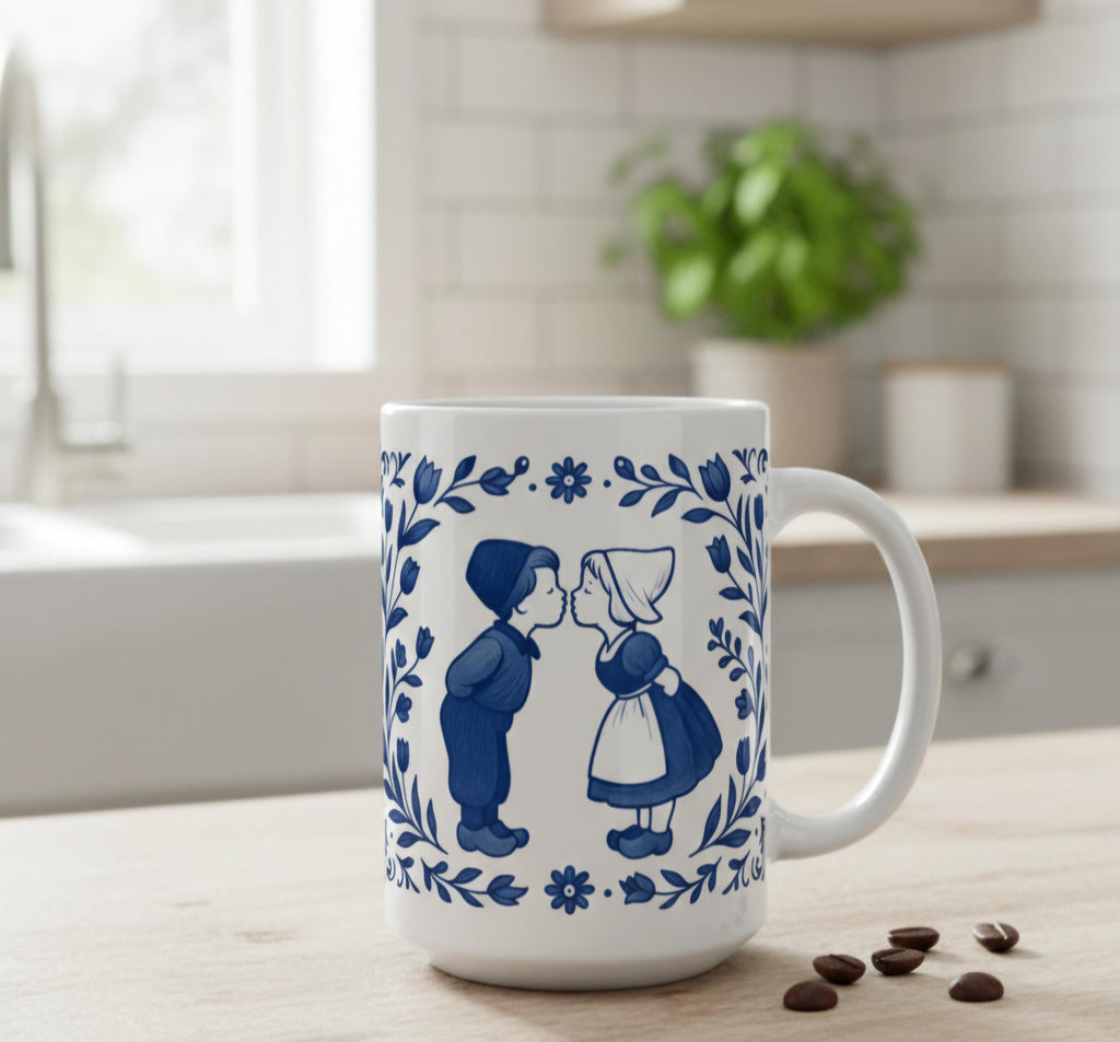 Dutch Delft Blue Kiss Mug | Traditional Netherlands Couple Design | Gezellig European Coffee Cup Gift