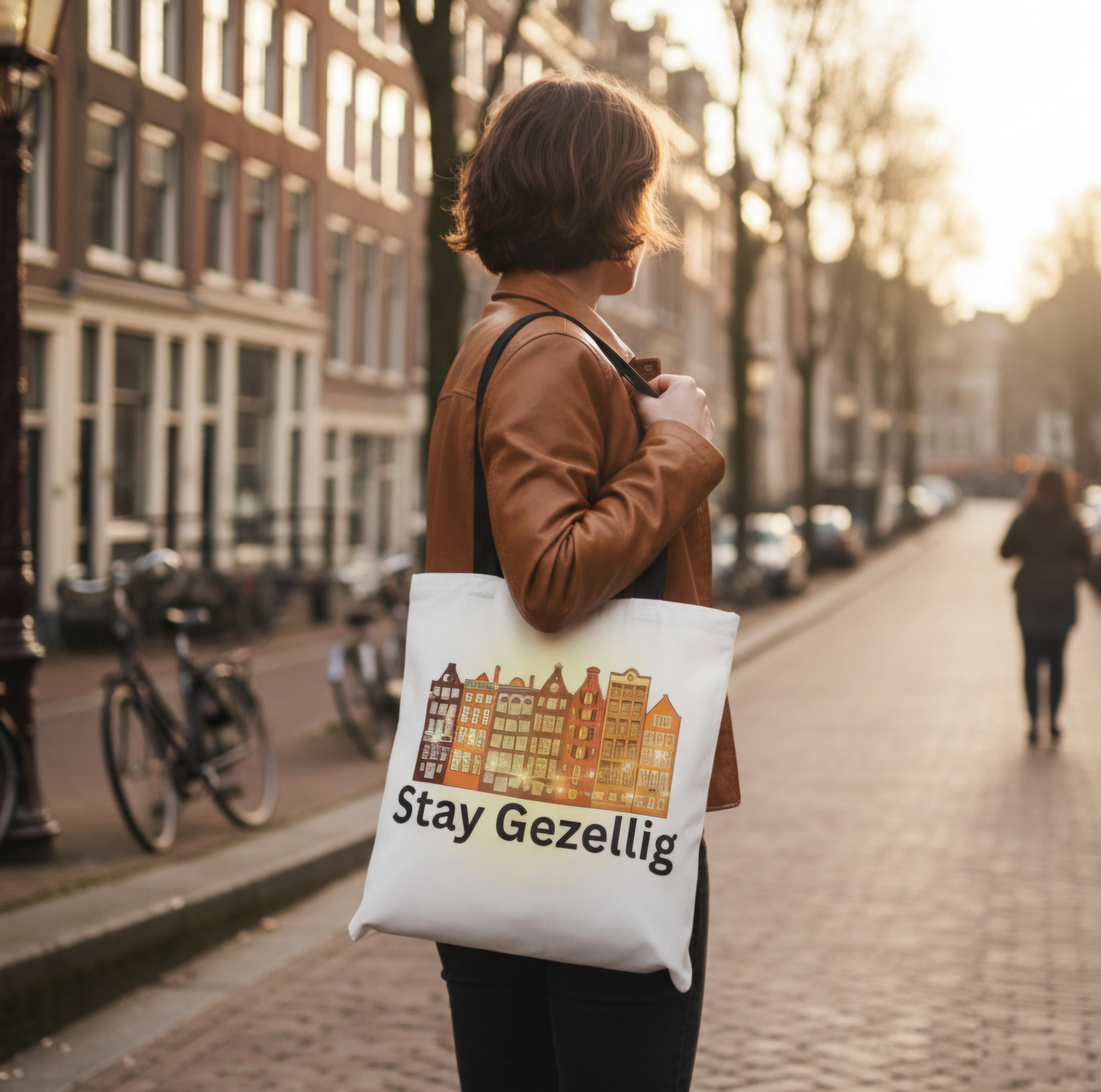 Stay Gezellig Tote Bag • Dutch Inspired Bag • Market Tote • Eco-Friendly AOP Bag • Cute Travel & Beach Bag • Gifts for Europe Lovers