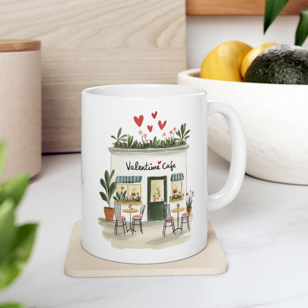 Parisian Valentine Café Mug, Romantic French Bistro Coffee Cup, Valentines Day Gift, Cozy Café Illustration Mug, Paris Coffee Lover Gift
