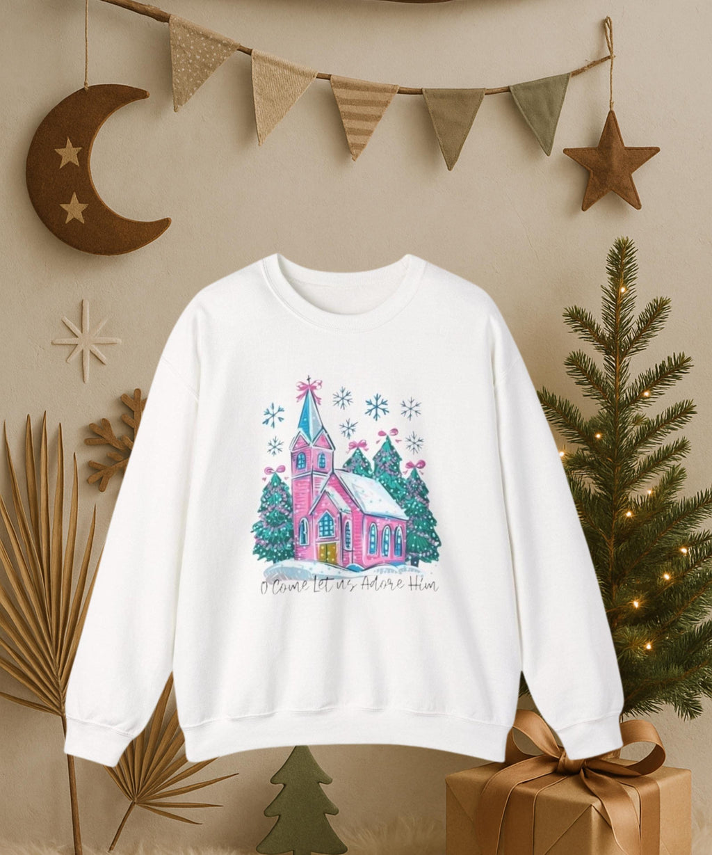 Whimsical Christmas Church Sweatshirt • Pastel Holiday Village Crewneck • Cozy Christian Winter Sweatshirt for Women