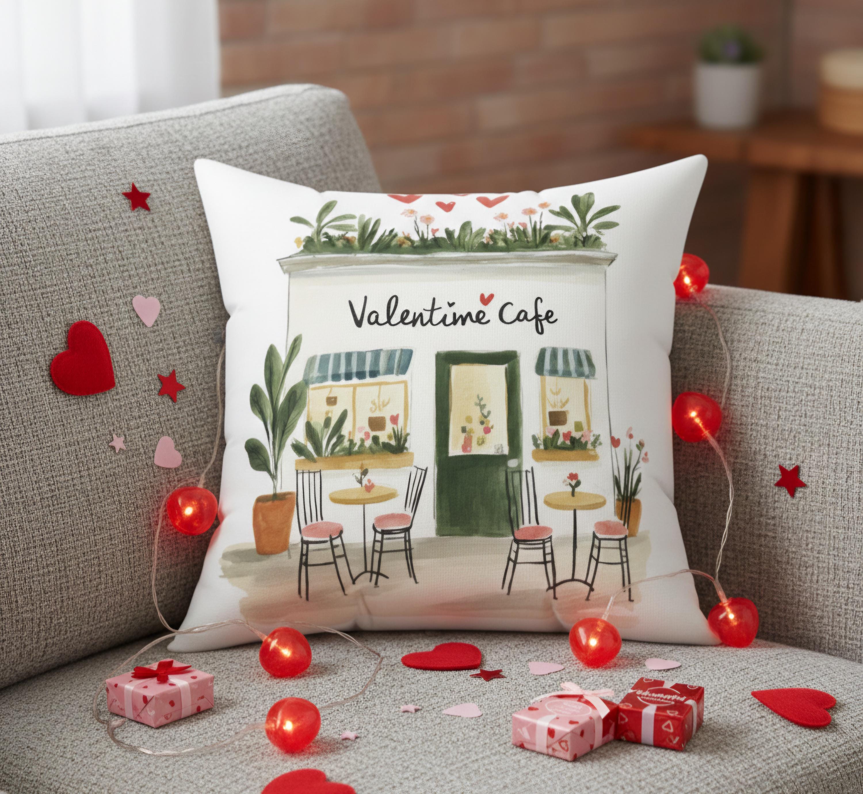 Parisian Valentine Café Pillow Cover, Romantic French Bistro Decor, Valentines Day Throw Pillow, Cozy Café Illustration, Paris Home Accent