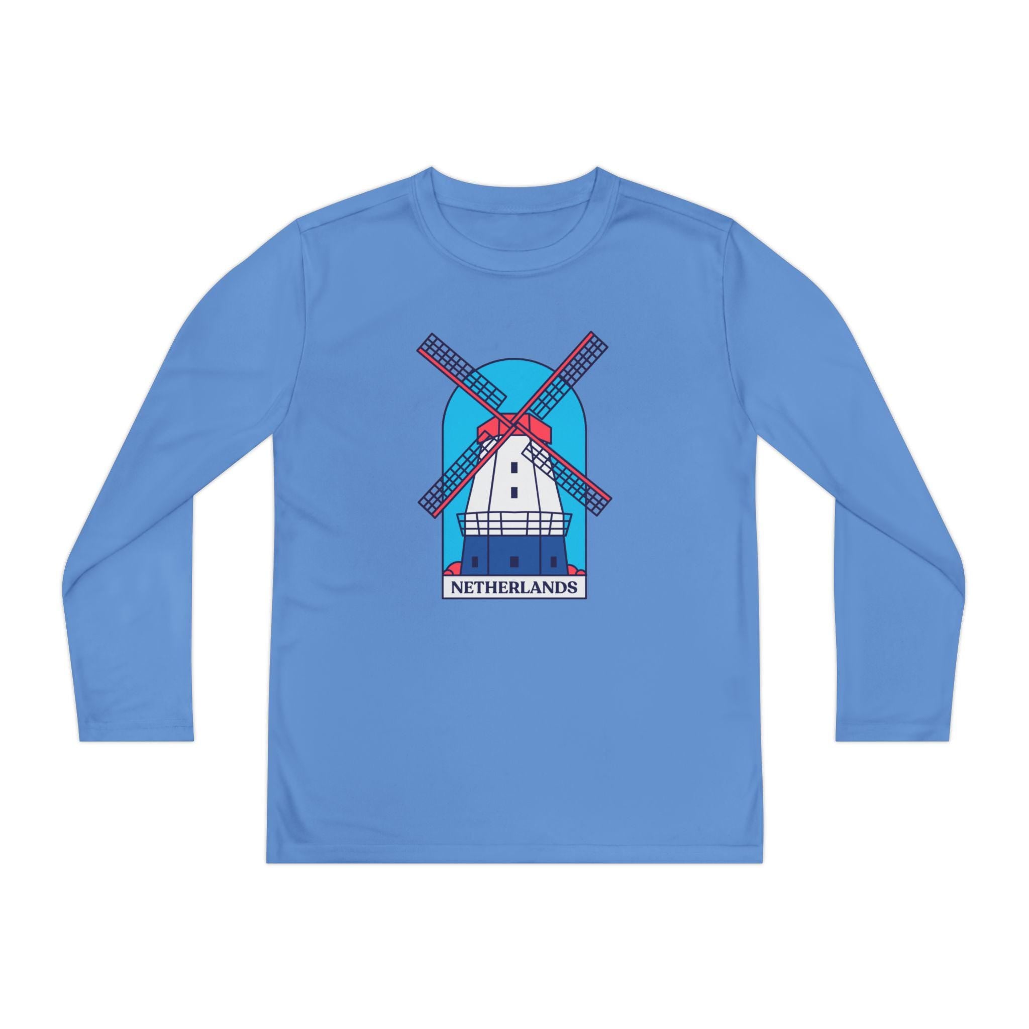 Youth Netherlands Windmill Shirt – Dutch Long Sleeve Tee for Kids, Holland Travel Gift, Cute Windmill Graphic Top