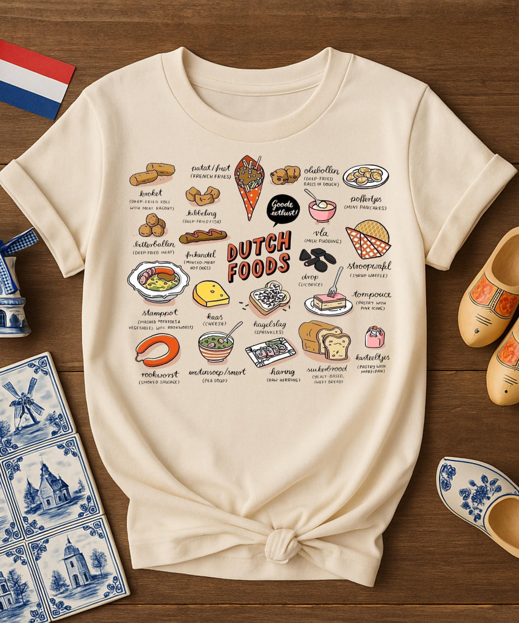 Dutch Food T-Shirt • Netherlands Cuisine Illustration Tee • Stroopwafel Herring Bitterballen Top • Dutch Heritage Shirt • Foodie Gift