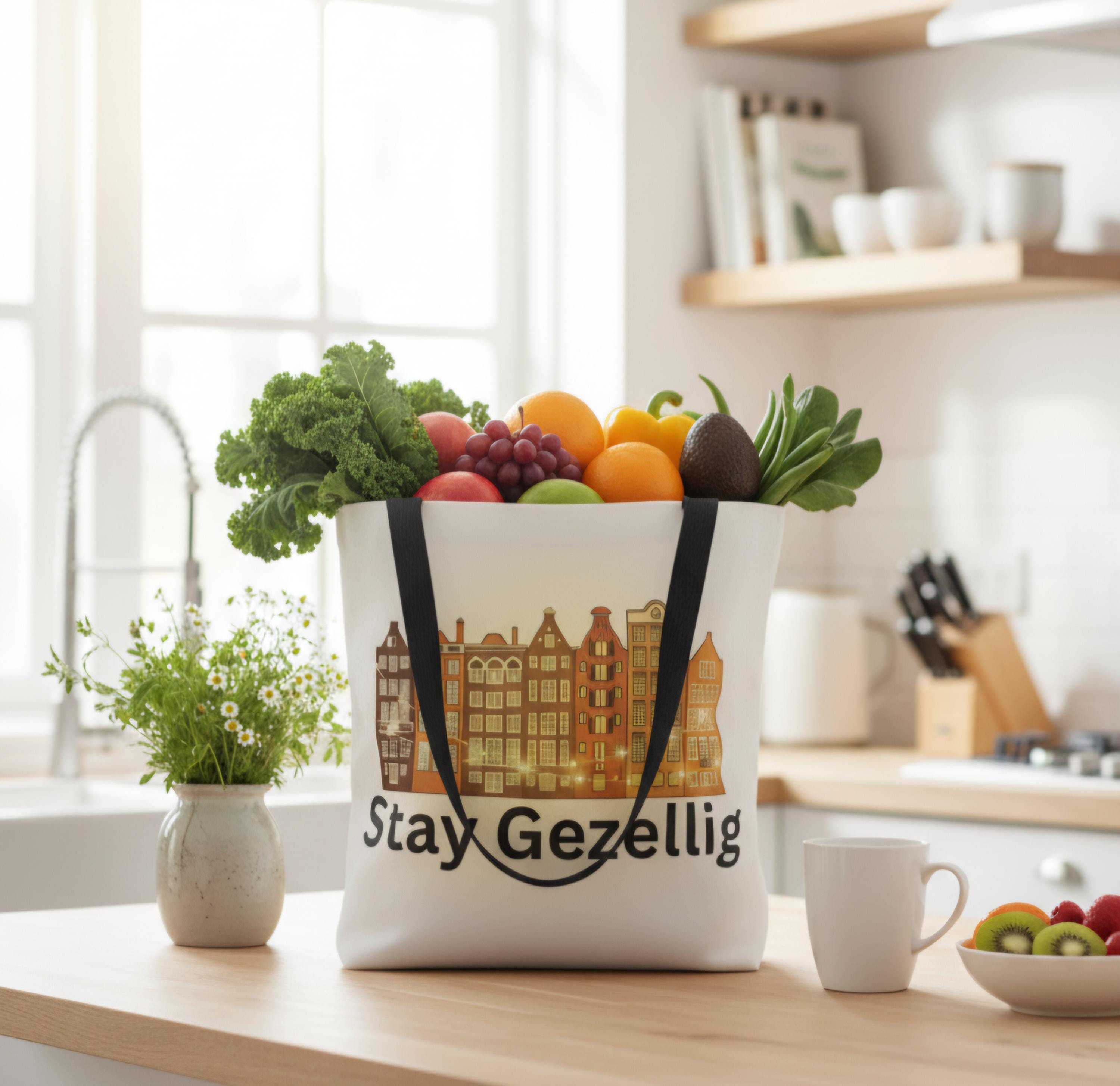 Stay Gezellig Tote Bag • Dutch Inspired Bag • Market Tote • Eco-Friendly AOP Bag • Cute Travel & Beach Bag • Gifts for Europe Lovers