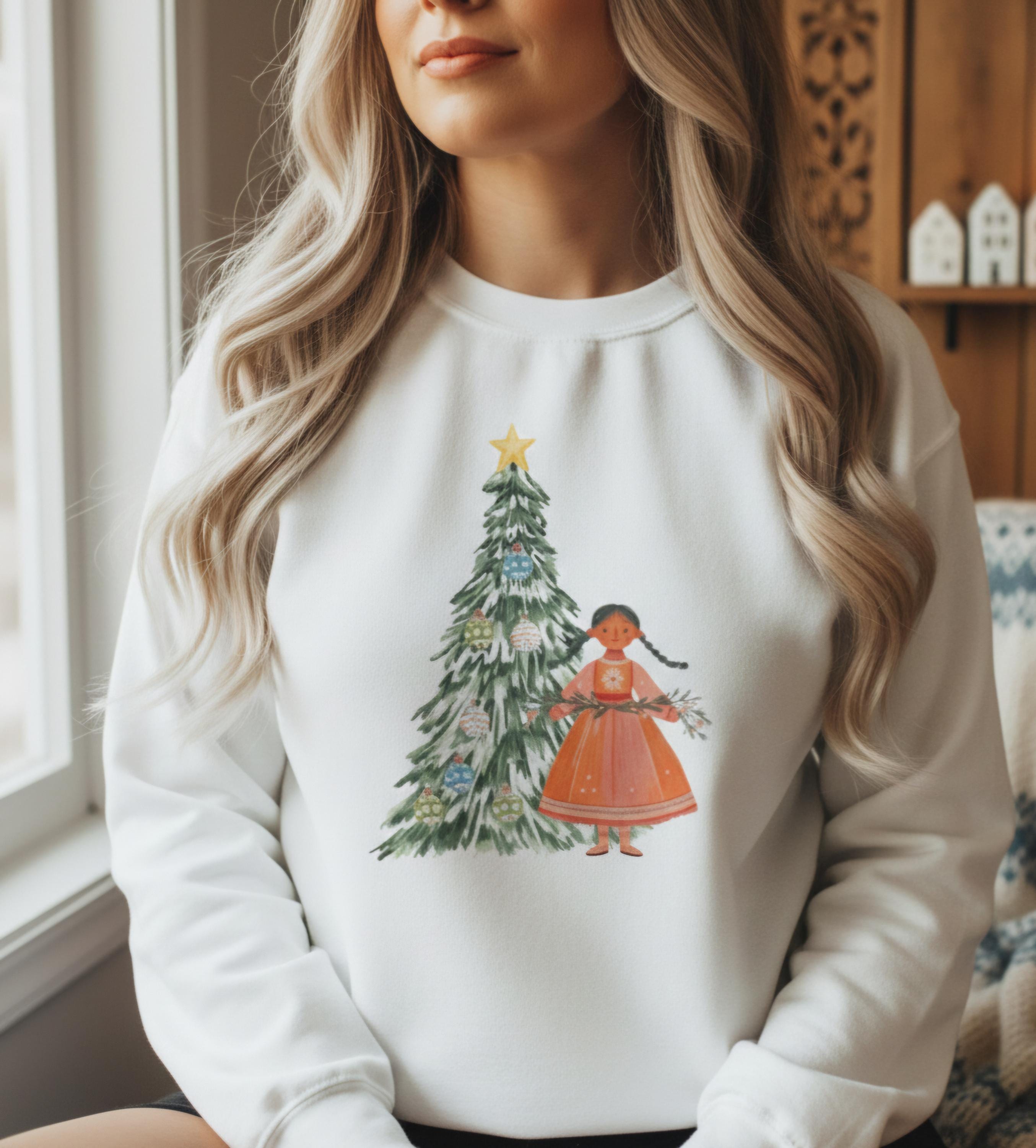 Scandi Christmas Tree Girl Sweater, Whimsical Holiday Pullover, Nordic Christmas Sweatshirt, Scandinavian Winter Aesthetic Jumper, Cozy Xmas