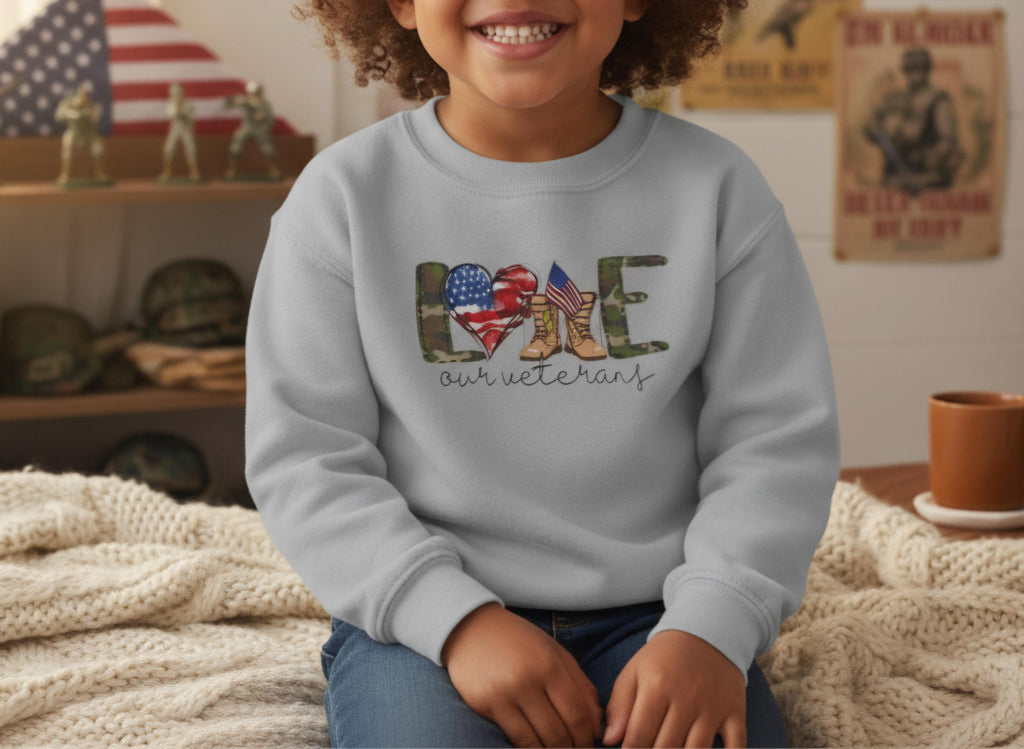 Veterans Day Youth Sweatshirt – Kids Patriotic Military Shirt – Support Our Veterans – Army Navy Air Force Marines Tribute Sweater