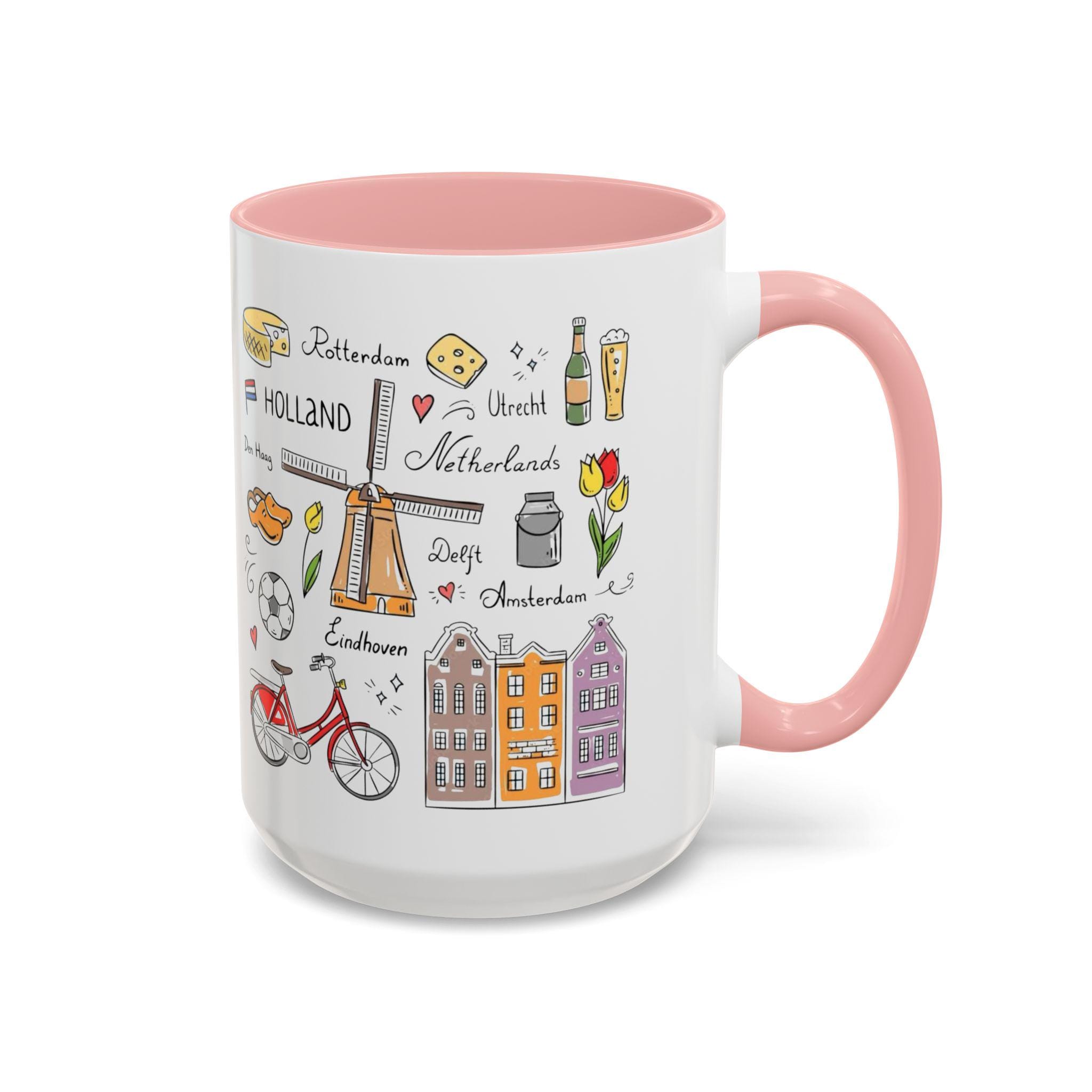 Dutch Icons Coffee Mug – Amsterdam Bicycle Mug, Windmill & Tulips Cup, Netherlands Gift, Holland Travel Mug, Cute Dutch House Mug