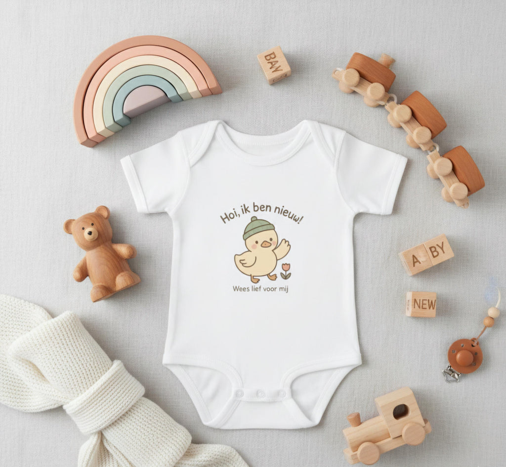 Hoi Ik Ben Nieuw Dutch Baby Onesie | Cute Duckling | Gender Neutral Bodysuit | Newborn Outfit |Wees Lief Voor Mij | European Minimalist