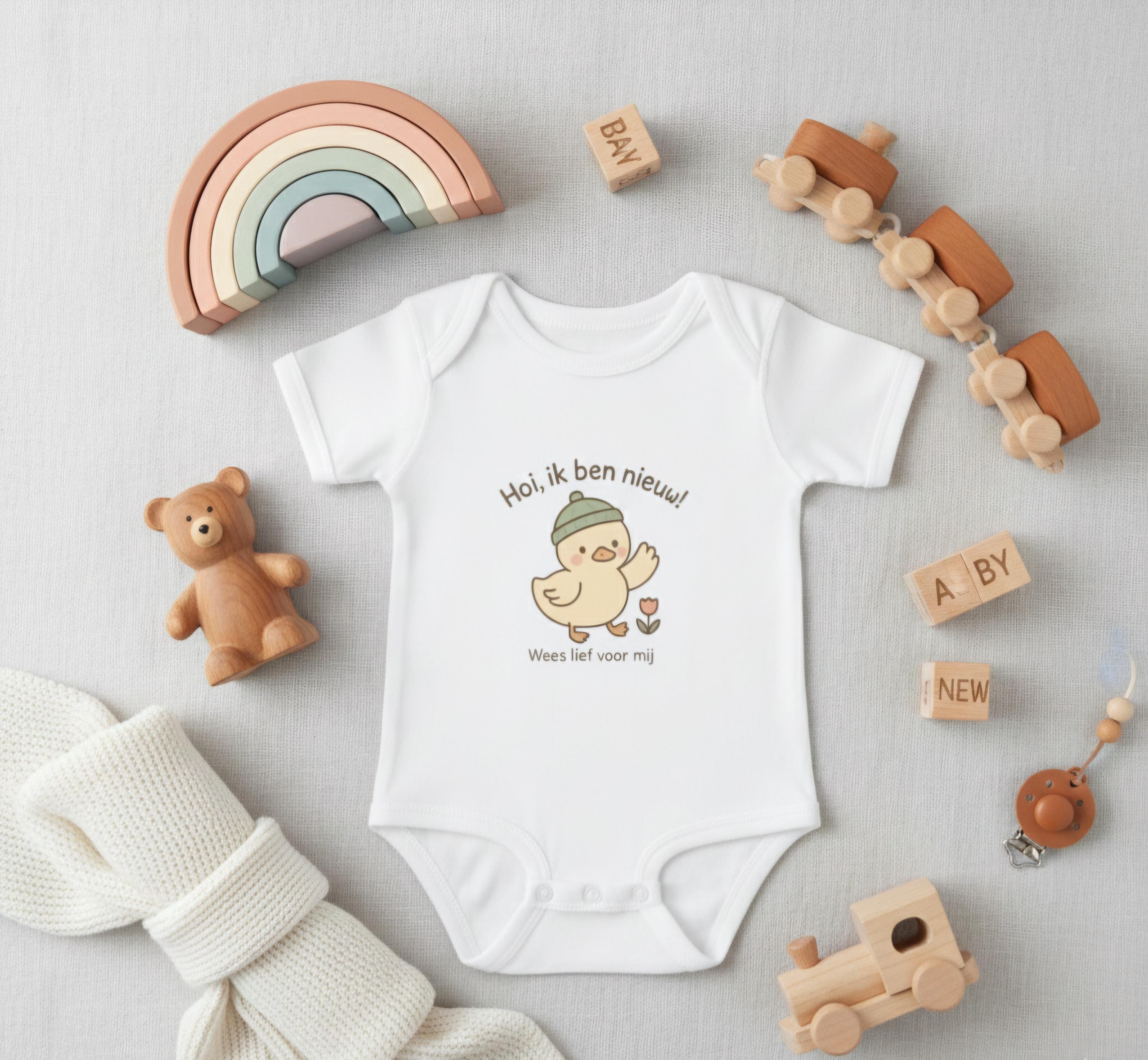 Hoi Ik Ben Nieuw Dutch Baby Onesie | Cute Duckling | Gender Neutral Bodysuit | Newborn Outfit |Wees Lief Voor Mij | European Minimalist