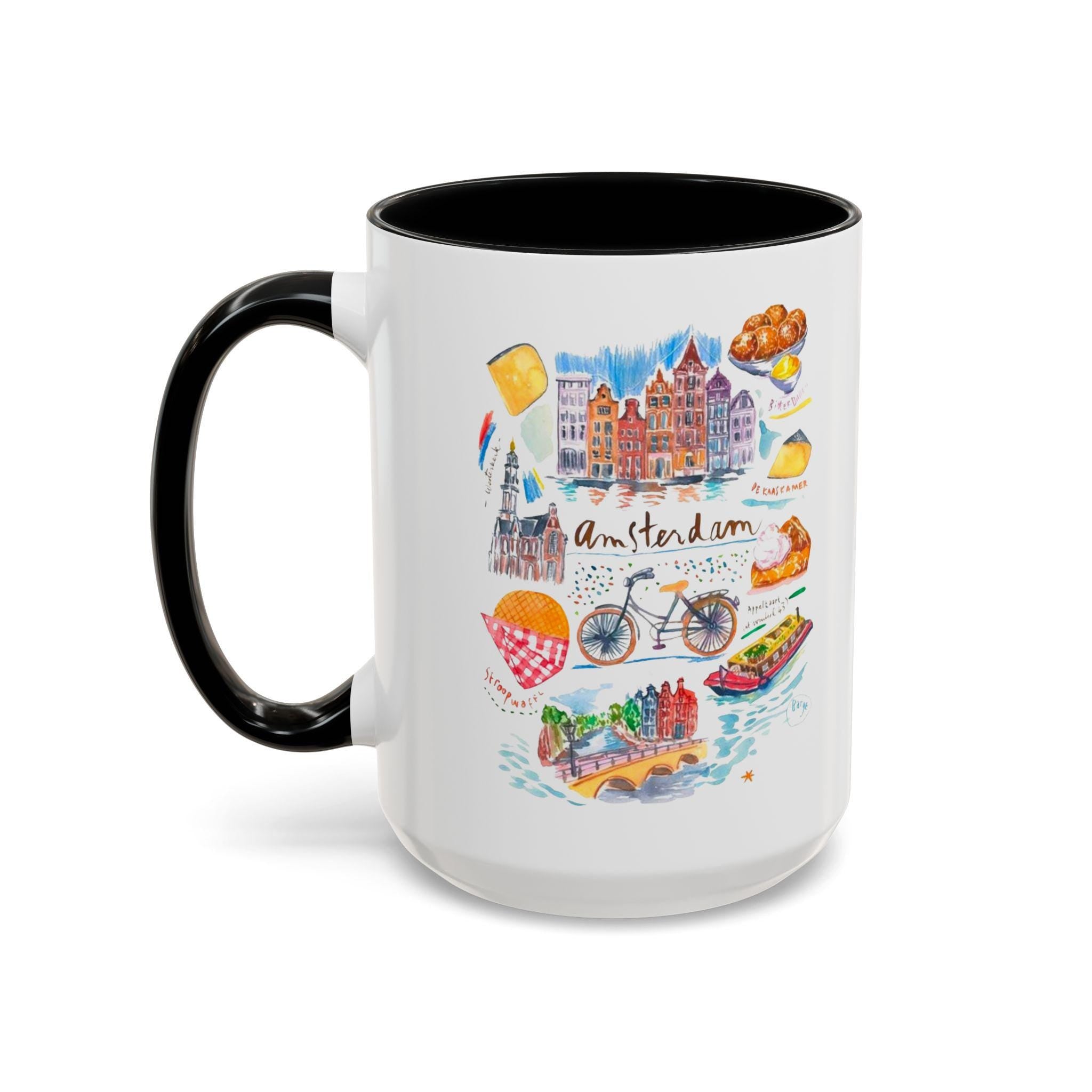 Amsterdam Watercolor Mug • Dutch Cityscape Coffee Cup • Stroopwafel Canal Art • 11/15oz Accent Mugs