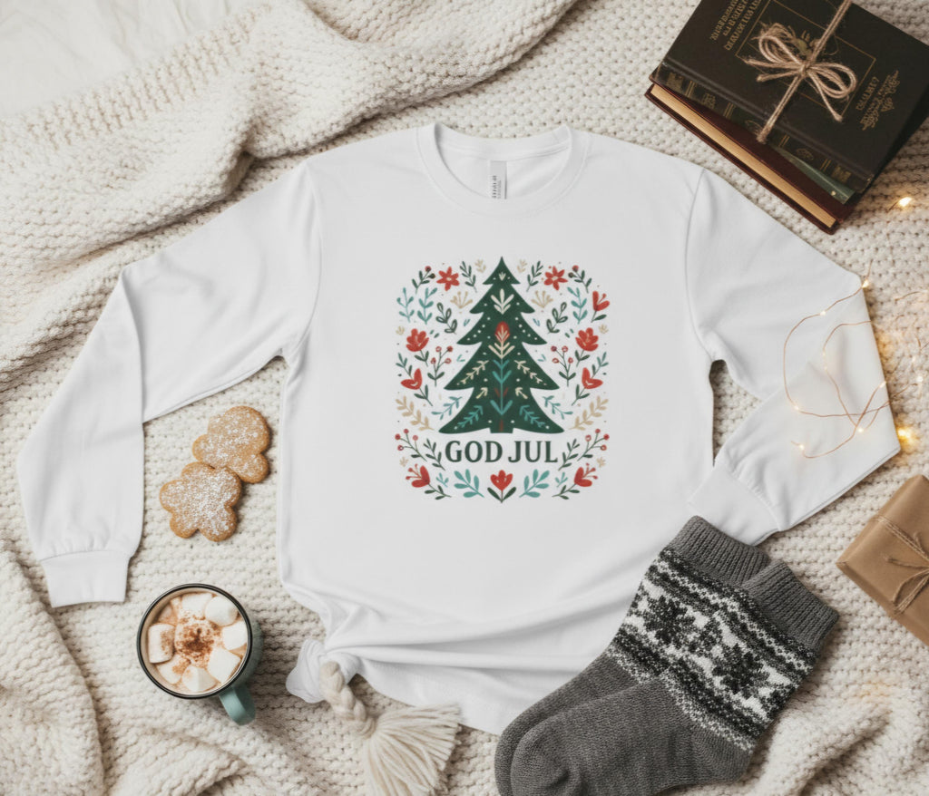 Scandinavian God Jul Shirt – Nordic Folk Art Christmas Tree Long Sleeve Tee, Hygge Holiday Shirt, Danish Christmas Top