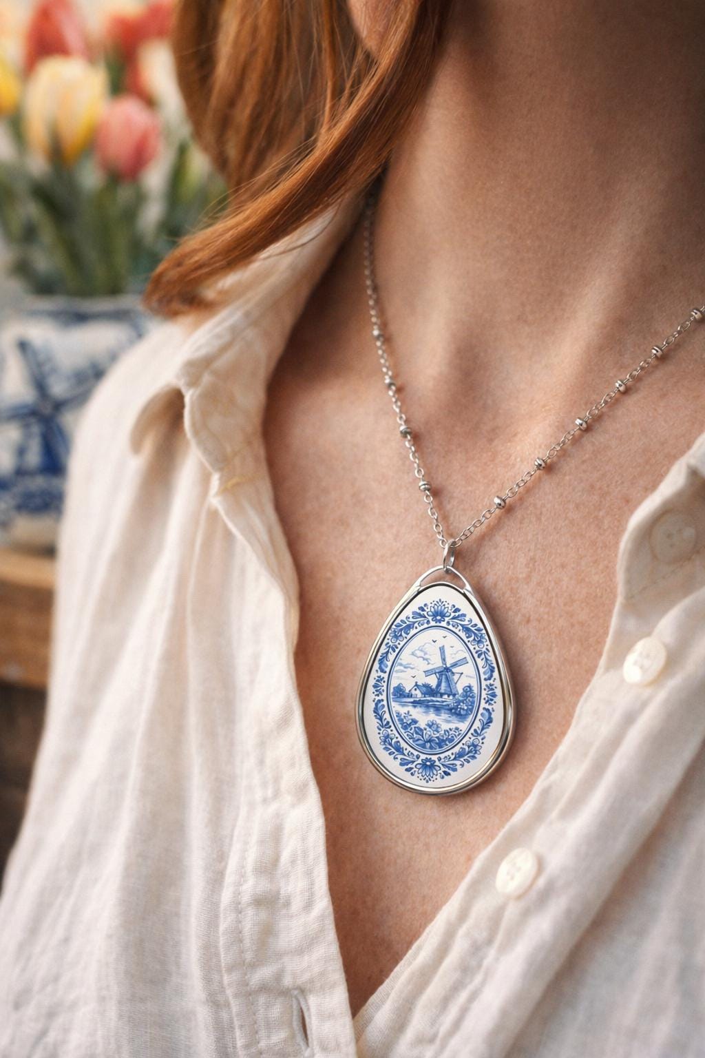 Delft Blue Windmill Necklace | Dutch Ceramic Inspired Oval Pendant | Holland Gift | Blue & White European Jewelry | Netherlands Charm