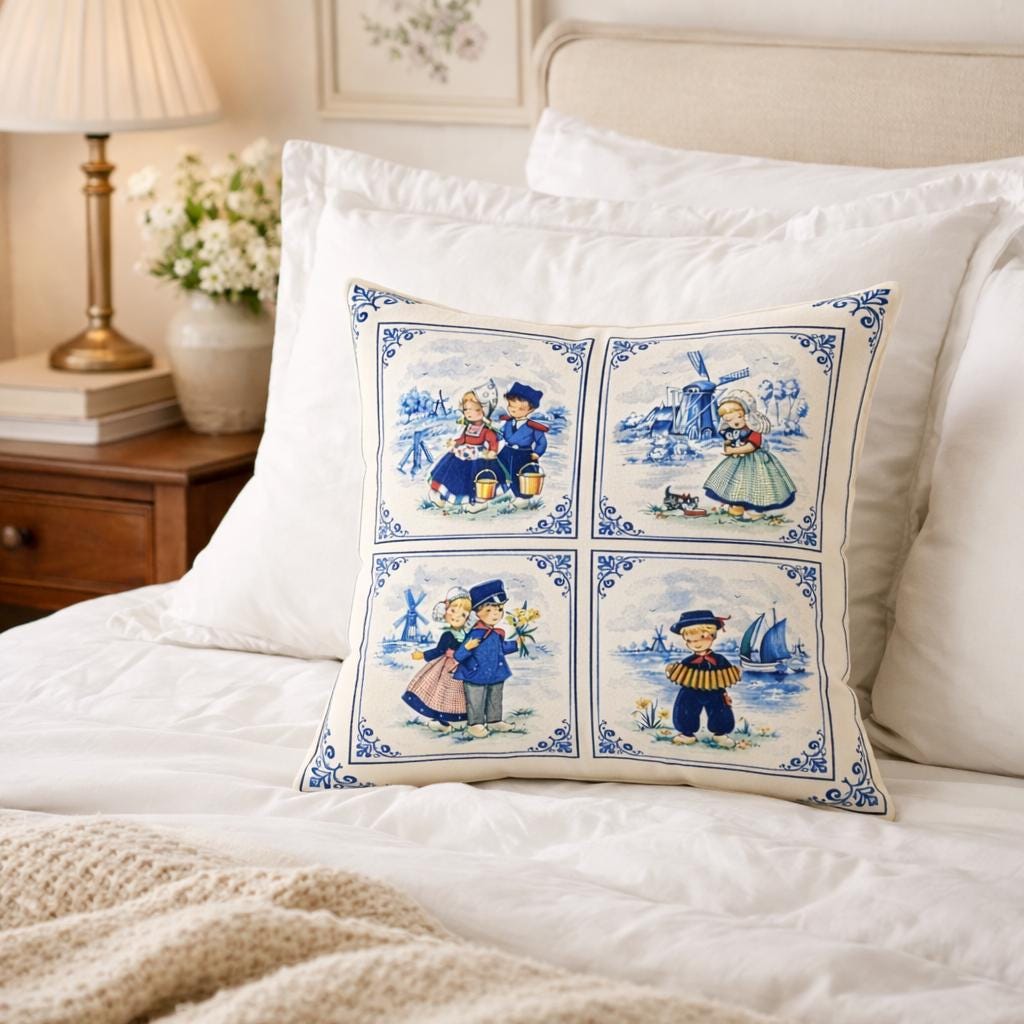 Dutch Delft Tile Pillow Throw | Vintage Netherlands Decor | Blue & White Folk Art Cushion | Traditional Dutch Children Illustration | Oma