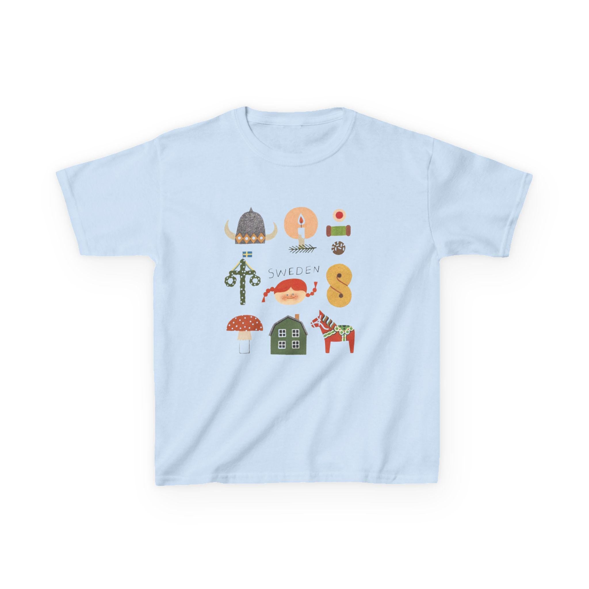Sweden Icons Youth T-Shirt | Scandinavian Kids Shirt | Nordic Folk Art Tee | Swedish Dala Horse Shirt | Cute Europe Kids Gift