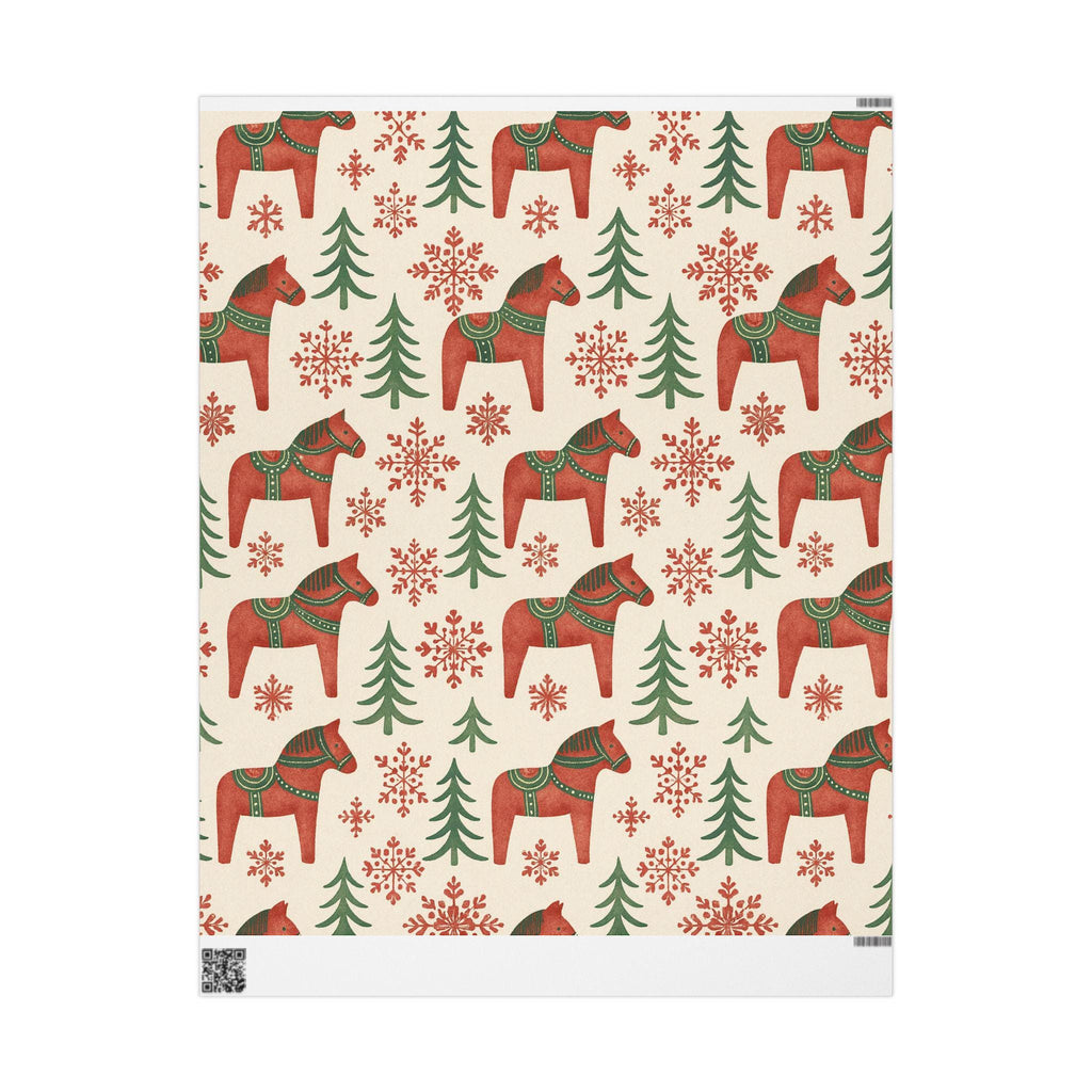 Nordic Christmas Dala Horse Wrapping Paper | Scandinavian Holiday Pattern | Folk Art Winter Trees & Snowflakes Gift Wrap