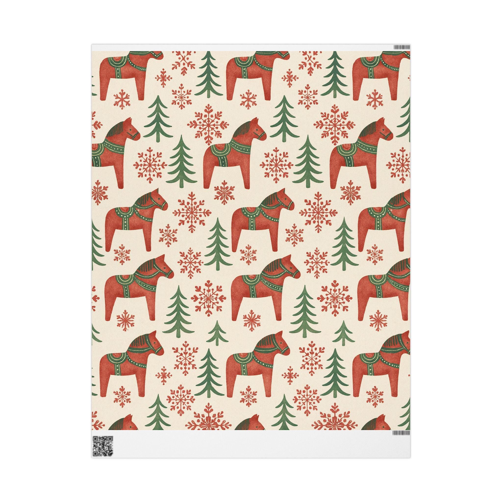 Nordic Christmas Dala Horse Wrapping Paper | Scandinavian Holiday Pattern | Folk Art Winter Trees & Snowflakes Gift Wrap