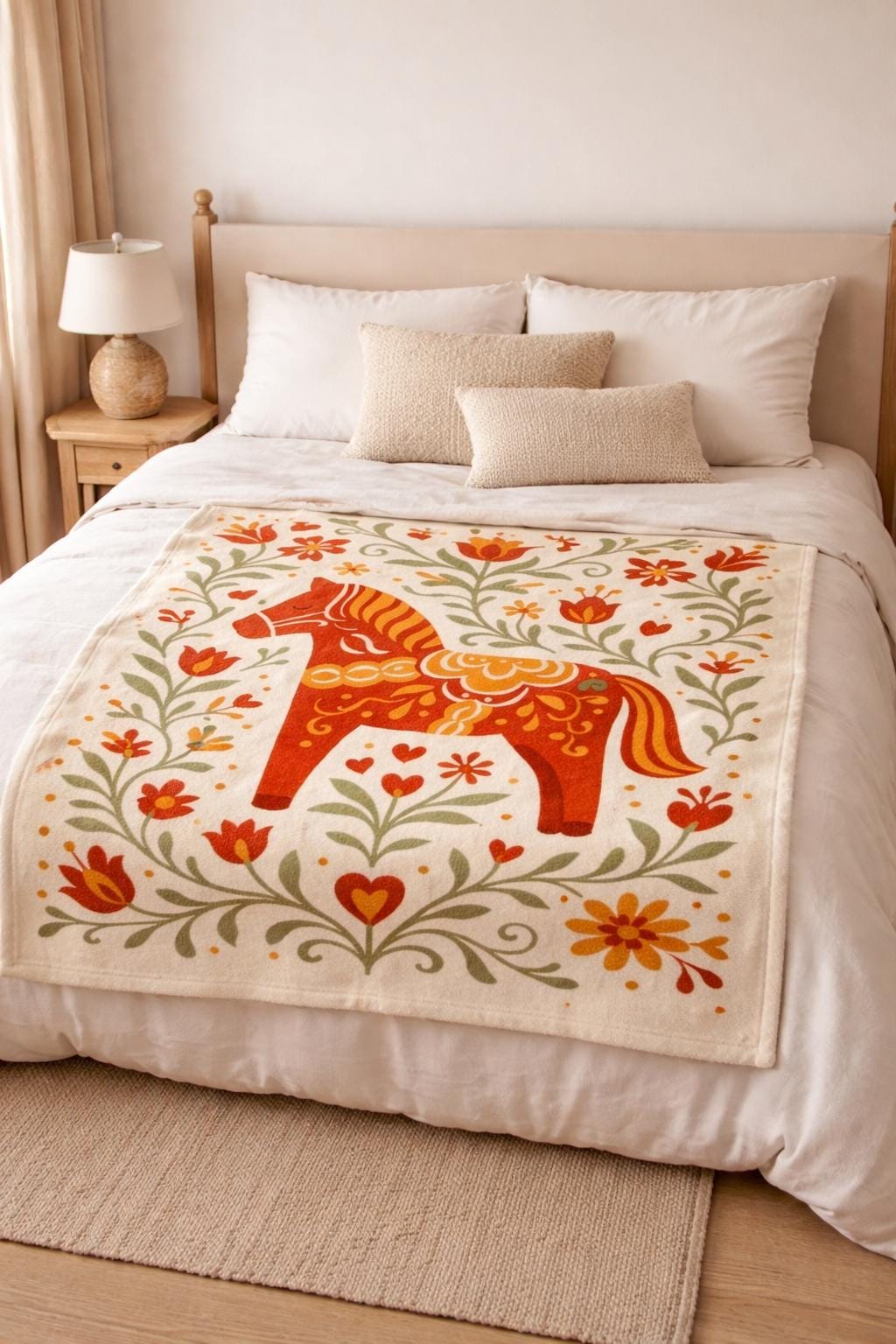 Nordic Dala Horse Blanket | Scandinavian Folk Art Multi Size | Swedish Decor | Boho Cottage Blanket | Cozy Folk Pattern | Gift-ready