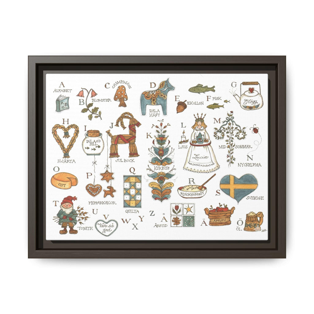 Scandinavian Alphabet Art Print | Swedish Folk Art ABC Poster | Nordic Nursery Wall Art | Dala Horse Alphabet | Framed Canvas Print