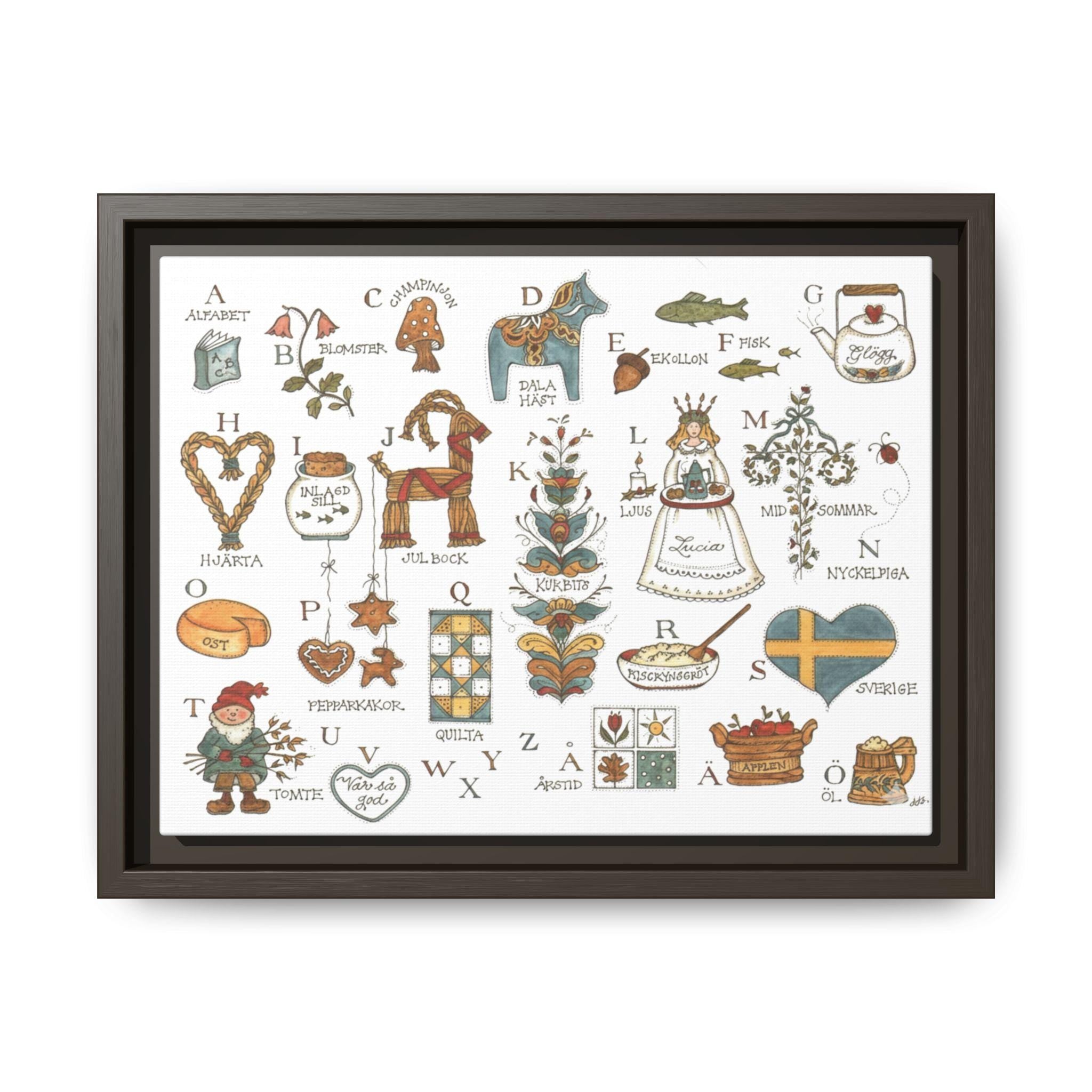 Scandinavian Alphabet Art Print | Swedish Folk Art ABC Poster | Nordic Nursery Wall Art | Dala Horse Alphabet | Framed Canvas Print