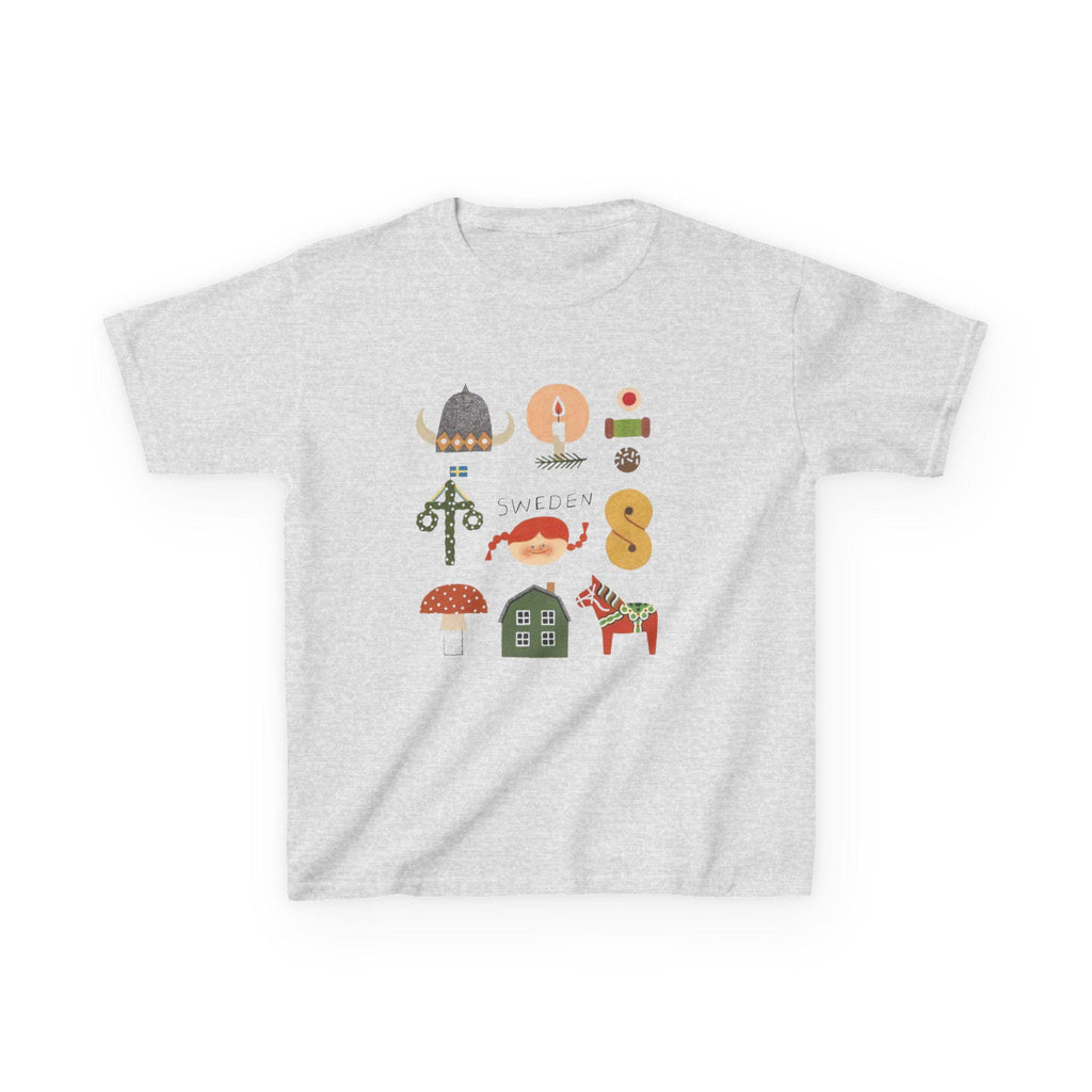 Sweden Icons Youth T-Shirt | Scandinavian Kids Shirt | Nordic Folk Art Tee | Swedish Dala Horse Shirt | Cute Europe Kids Gift
