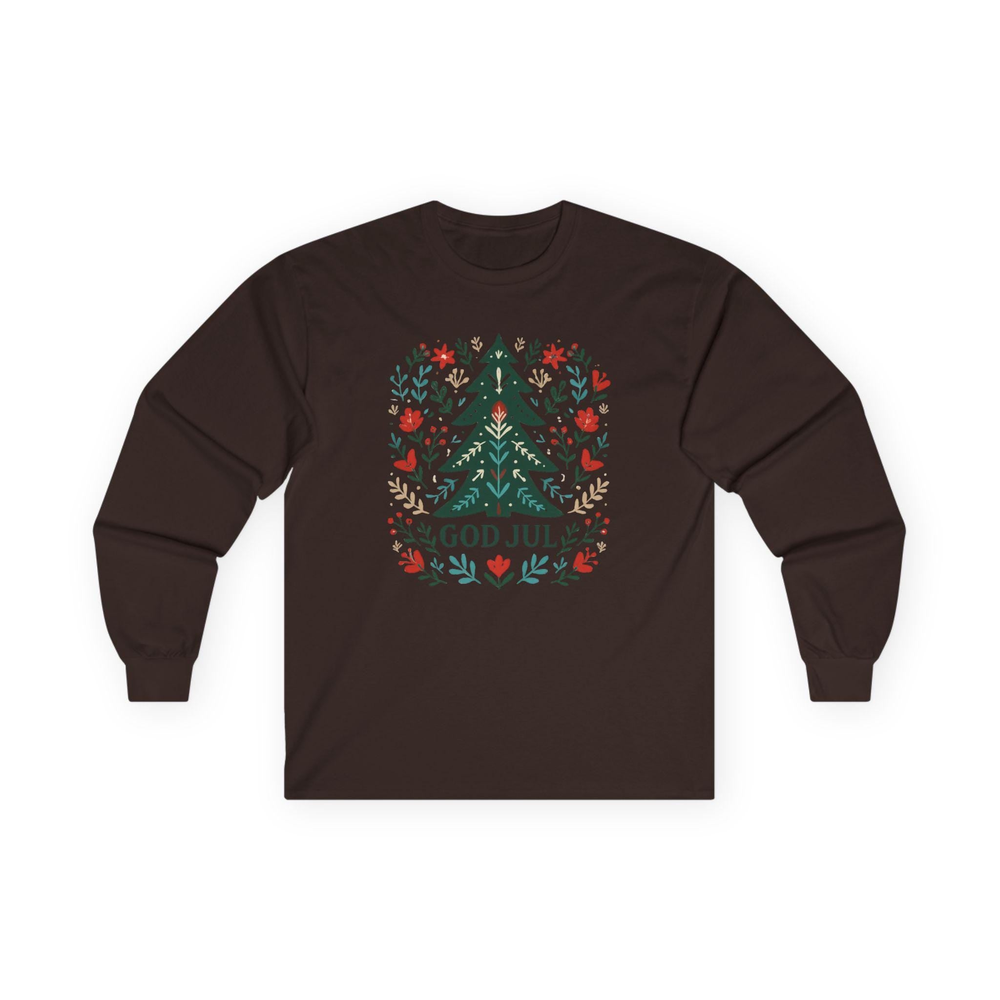 Scandinavian God Jul Shirt – Nordic Folk Art Christmas Tree Long Sleeve Tee, Hygge Holiday Shirt, Danish Christmas Top