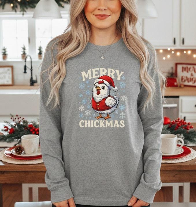 Merry Chickmas Shirt | Christmas Chicken Long Sleeve Tee | Farmhouse Holiday Shirt | Cute Chicken Santa Snowflake Top | Country Christmas