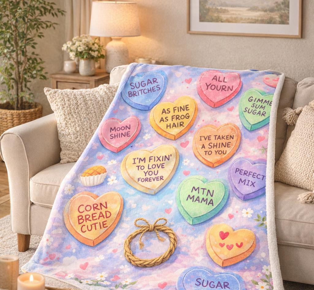 Appalachian Valentine Blanket | Southern Love Sayings Throw | All Yourn Pastel Candy Hearts | Cozy Country Valentine Gift