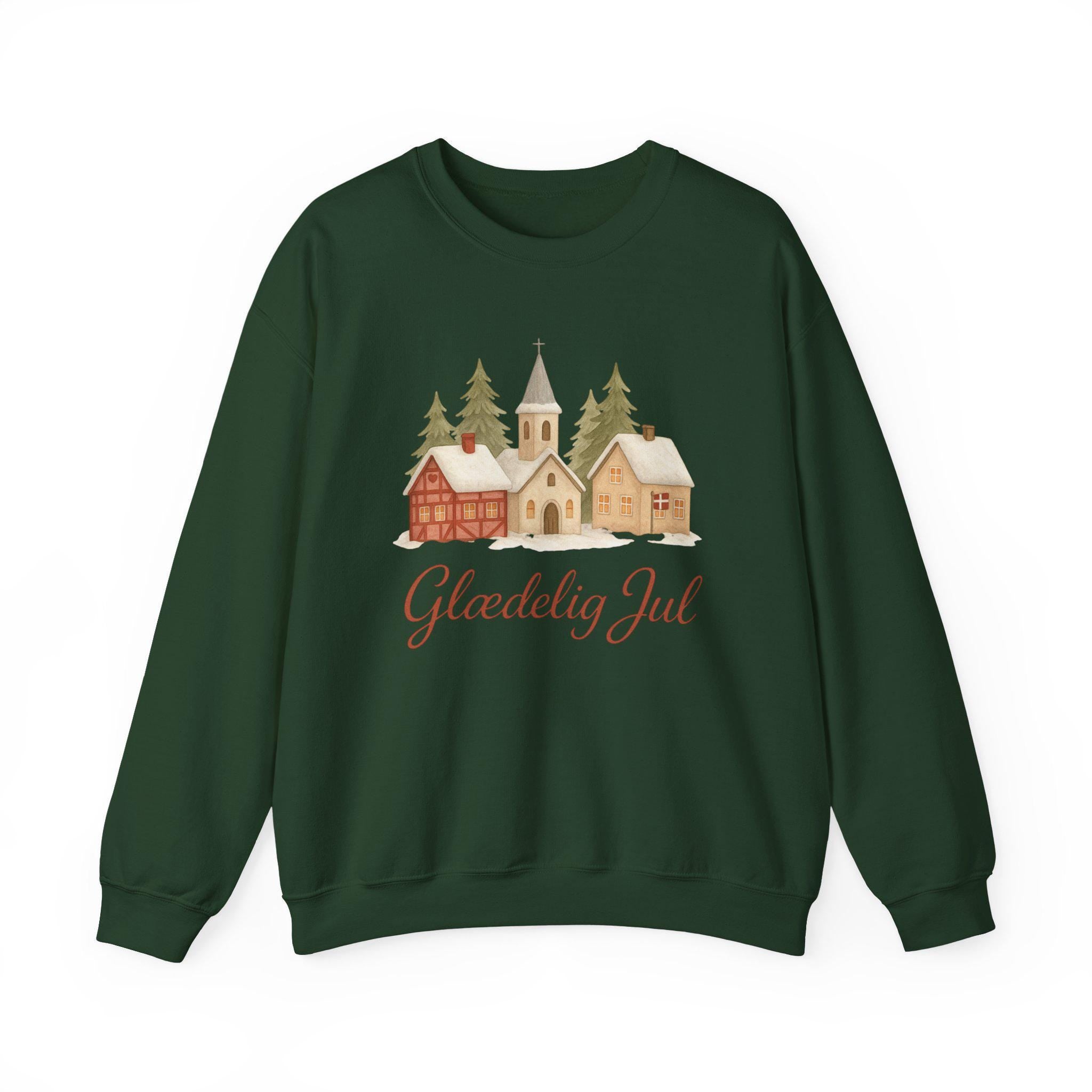 Glædelig Jul Christmas Sweatshirt • Danish Winter Village Scene • Scandinavian Holiday Sweater • Cozy Nordic Christmas Crewneck