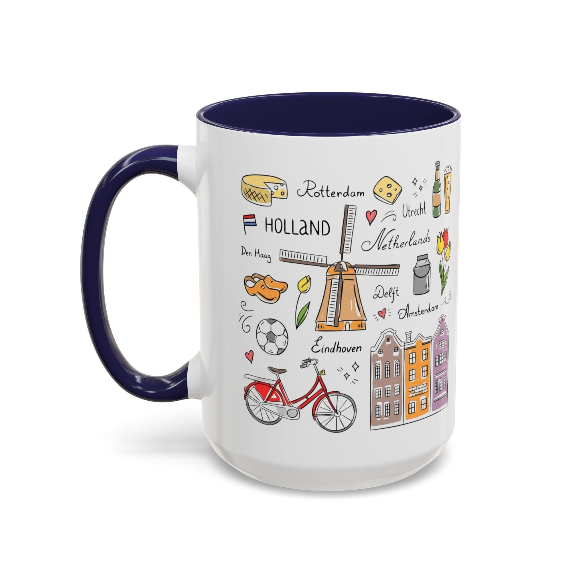 Dutch Icons Coffee Mug – Amsterdam Bicycle Mug, Windmill & Tulips Cup, Netherlands Gift, Holland Travel Mug, Cute Dutch House Mug