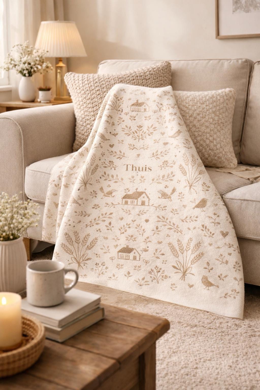 Belgian Cottage Blanket | Thuis Cream Folk Art Throw | European Farmhouse Decor | Cozy Neutral Home Gift