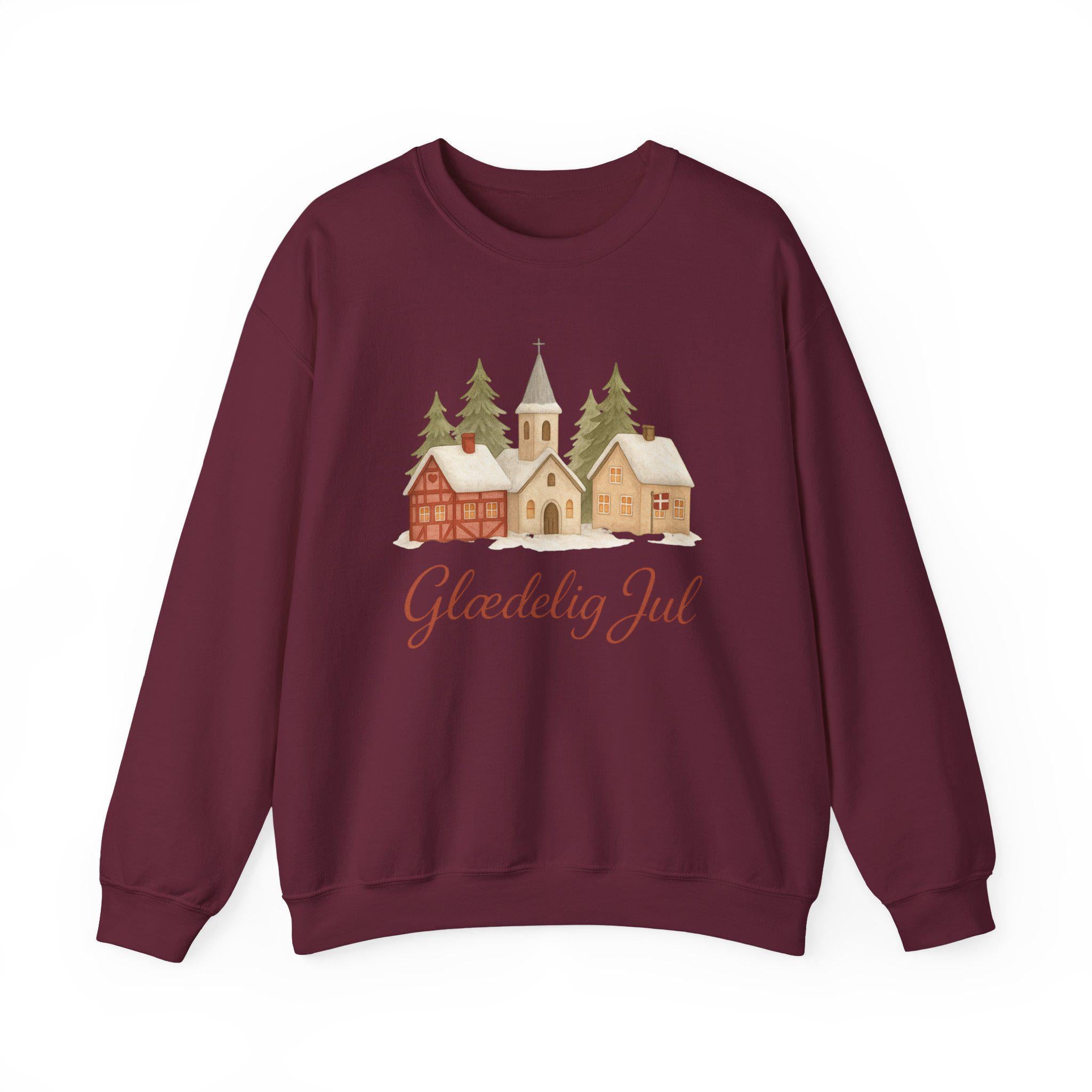 Glædelig Jul Christmas Sweatshirt • Danish Winter Village Scene • Scandinavian Holiday Sweater • Cozy Nordic Christmas Crewneck