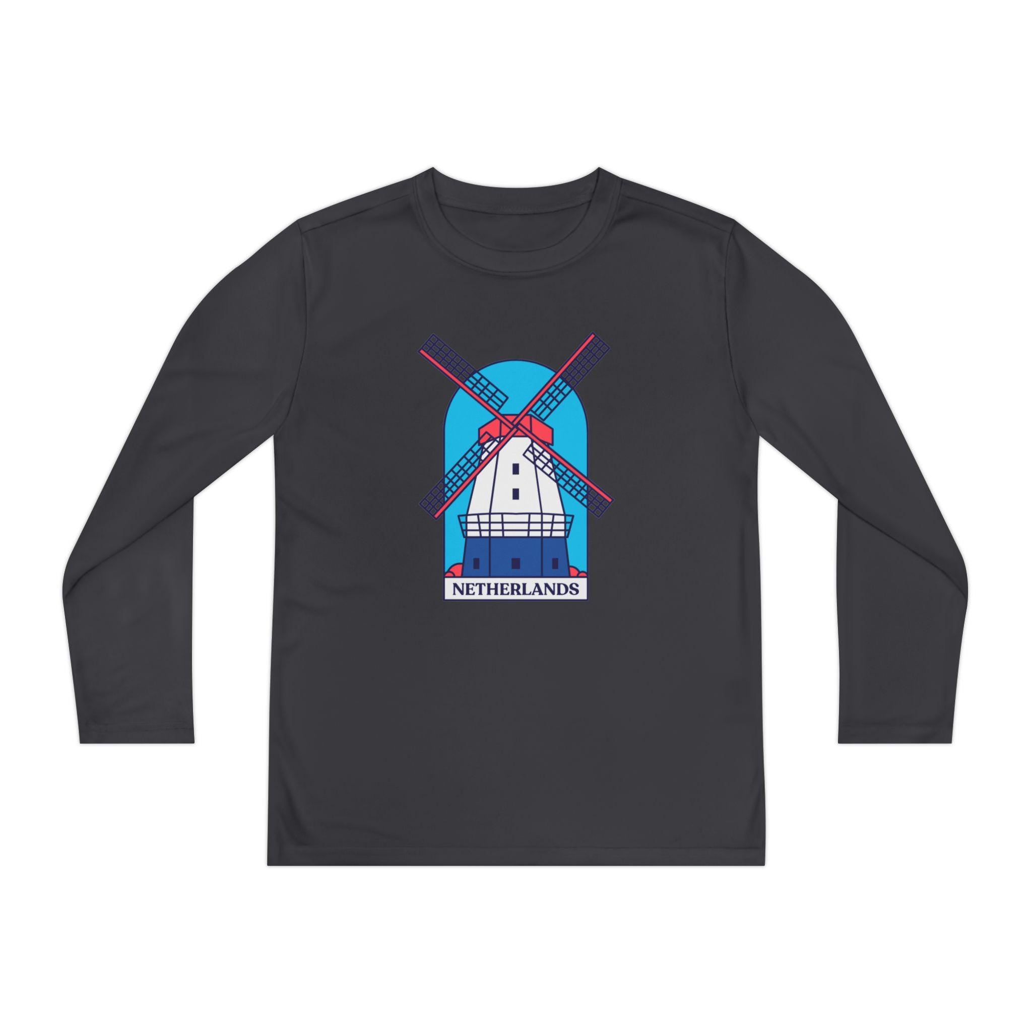 Youth Netherlands Windmill Shirt – Dutch Long Sleeve Tee for Kids, Holland Travel Gift, Cute Windmill Graphic Top
