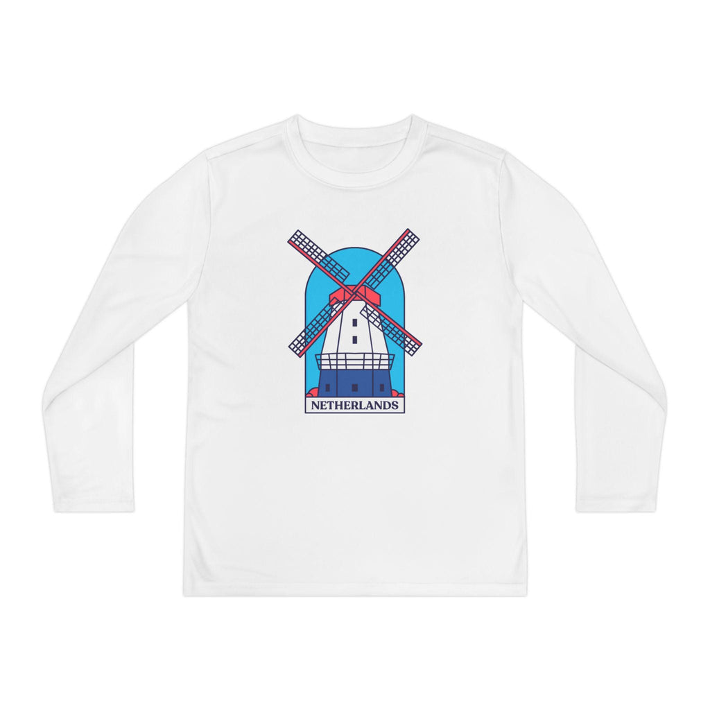 Youth Netherlands Windmill Shirt – Dutch Long Sleeve Tee for Kids, Holland Travel Gift, Cute Windmill Graphic Top