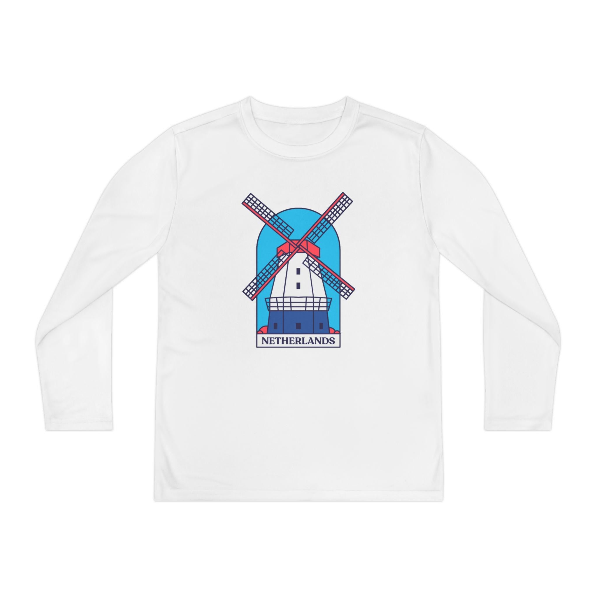 Youth Netherlands Windmill Shirt – Dutch Long Sleeve Tee for Kids, Holland Travel Gift, Cute Windmill Graphic Top