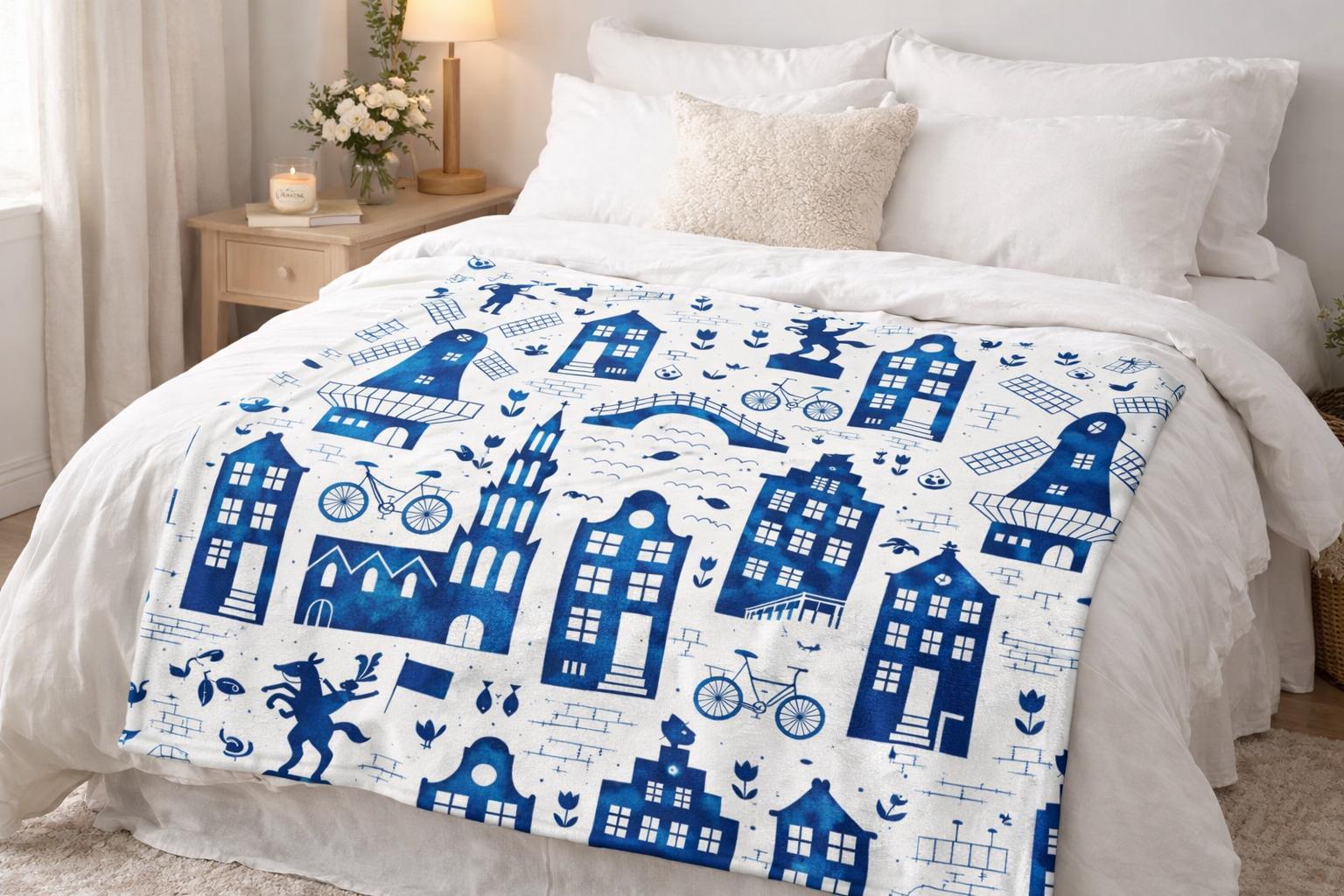 Dutch Delft Blue Minky Blanket | Cozy Holland Inspired Windmill and Canal House Throw | Soft Blue and White European Folk Decor | 3 Sizes