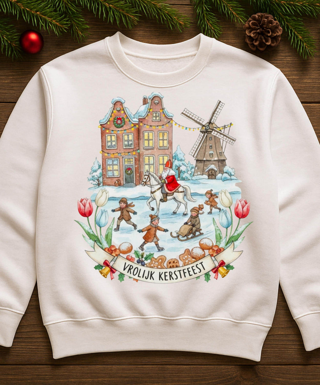 Vrolijk Kerstfeest Dutch Christmas Sweatshirt – Ice Skating Winter Pullover | Netherlands Holiday Sweater