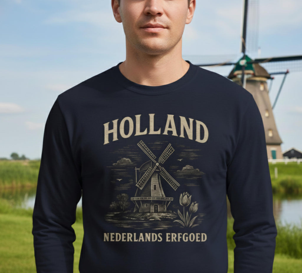 Vintage Dutch Windmill Shirt Men | Holland Long Sleeve Tee | Nederlands Erfgoed Graphic | Rustic Netherlands Heritage Shirt |Masculine Dutch