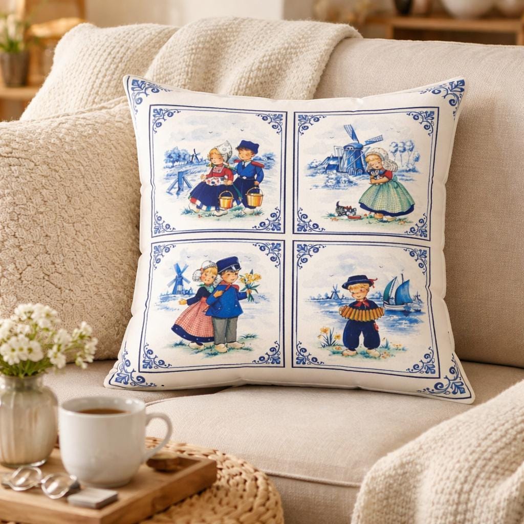 Dutch Delft Tile Pillow Throw | Vintage Netherlands Decor | Blue & White Folk Art Cushion | Traditional Dutch Children Illustration | Oma