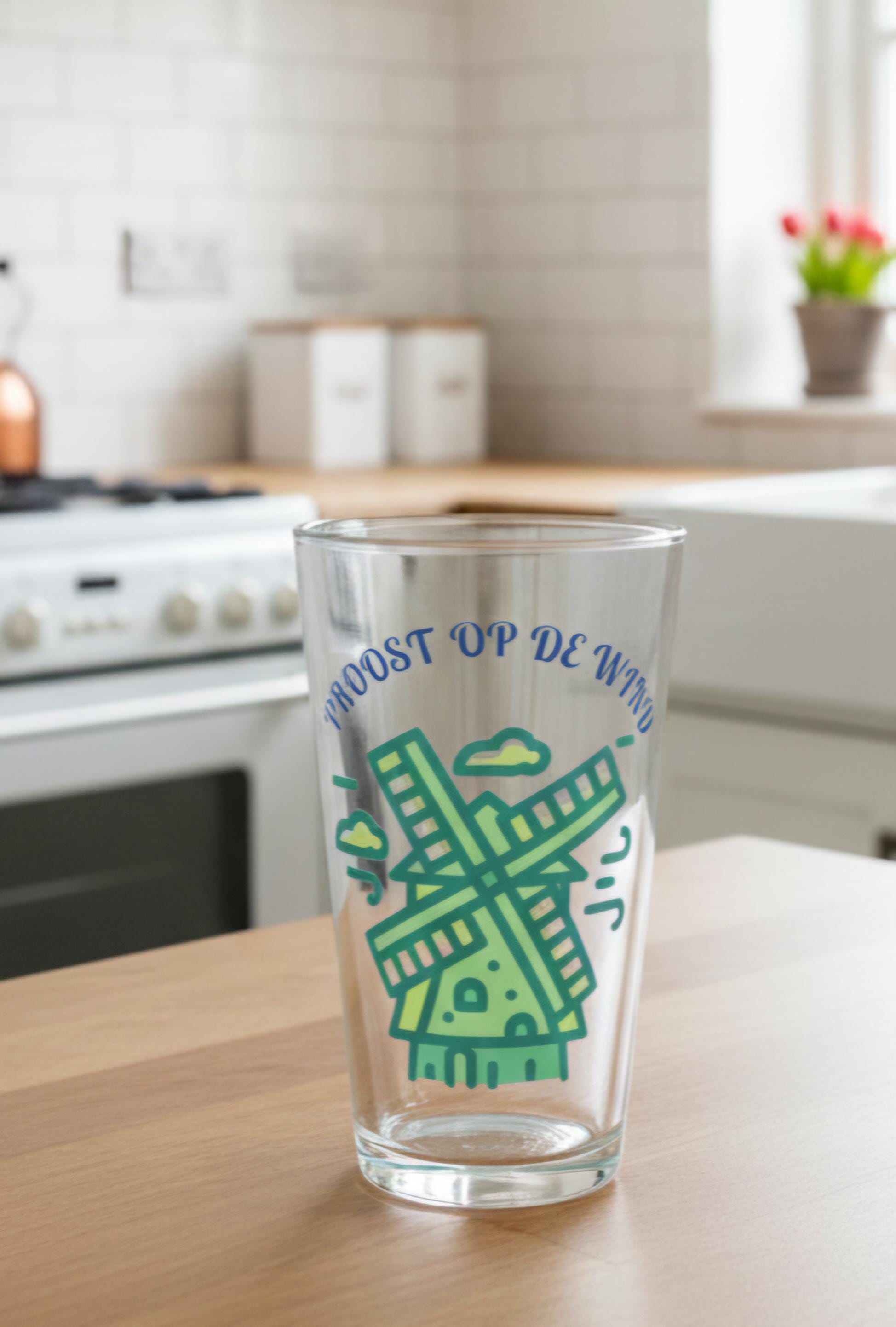 Proost Op De Wind Pint Glass • Dutch Beer Glass 16oz • Netherlands Gift • Windmill Drinkware for Craft Beer Lovers