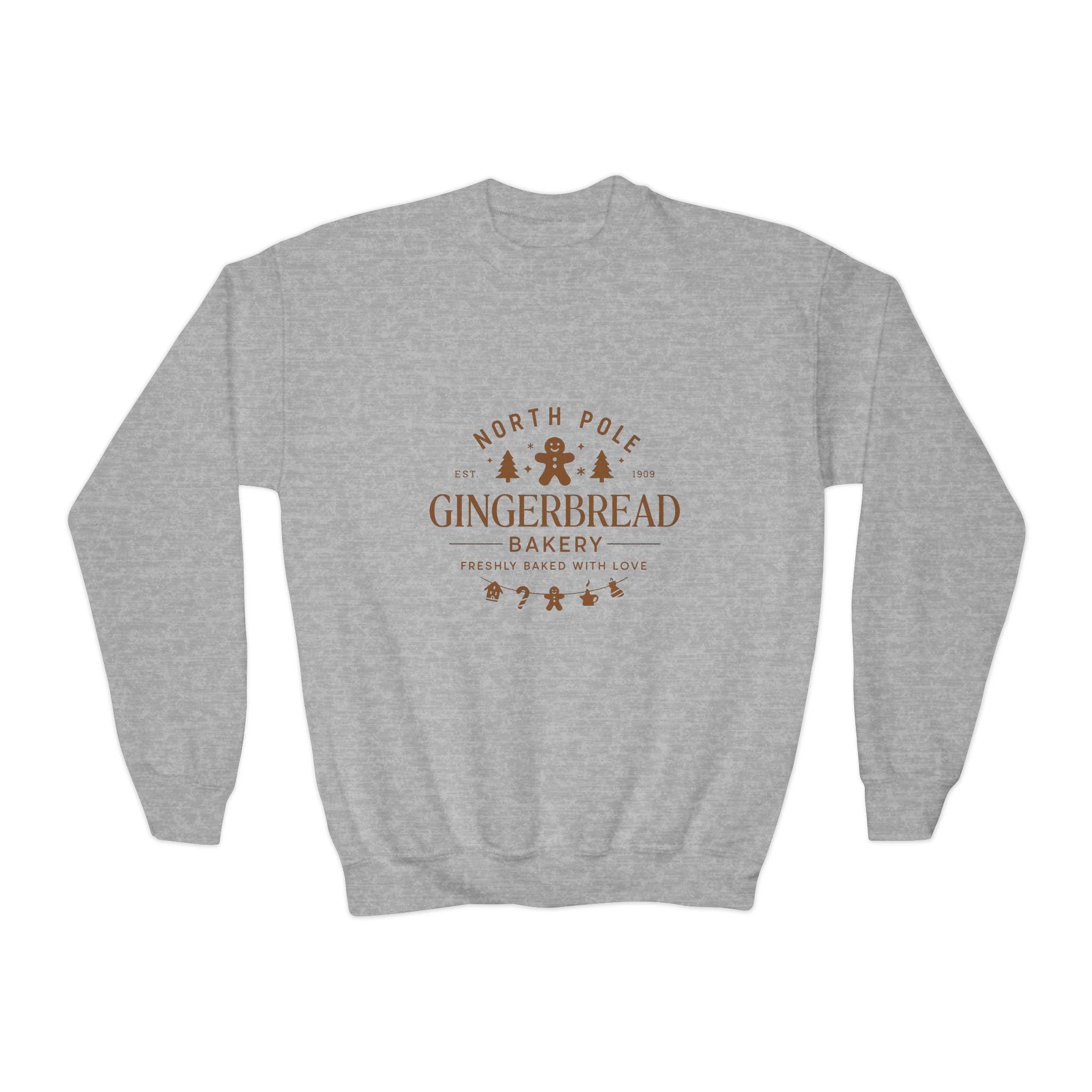 North Pole Gingerbread Bakery Kids Christmas Sweatshirt | Cute Holiday Sweater for Boys & Girls | Festive Gingerbread Top