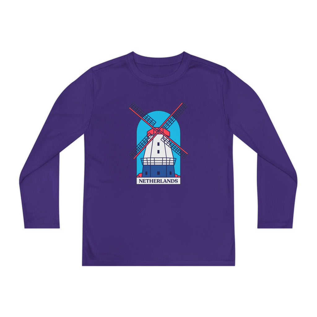 Youth Netherlands Windmill Shirt – Dutch Long Sleeve Tee for Kids, Holland Travel Gift, Cute Windmill Graphic Top