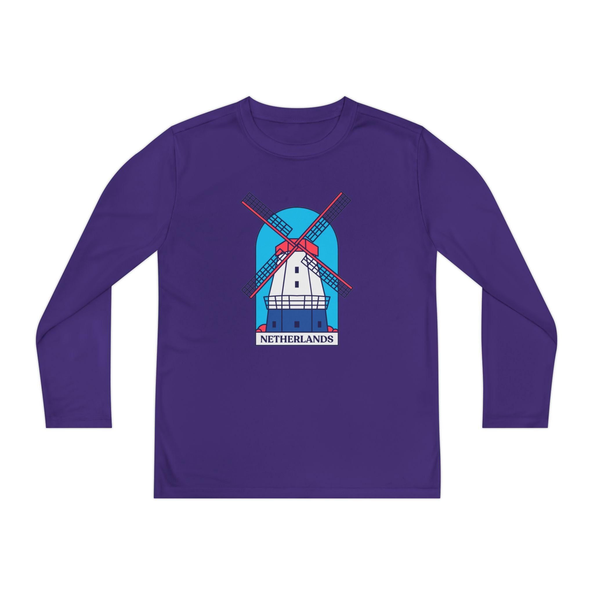 Youth Netherlands Windmill Shirt – Dutch Long Sleeve Tee for Kids, Holland Travel Gift, Cute Windmill Graphic Top
