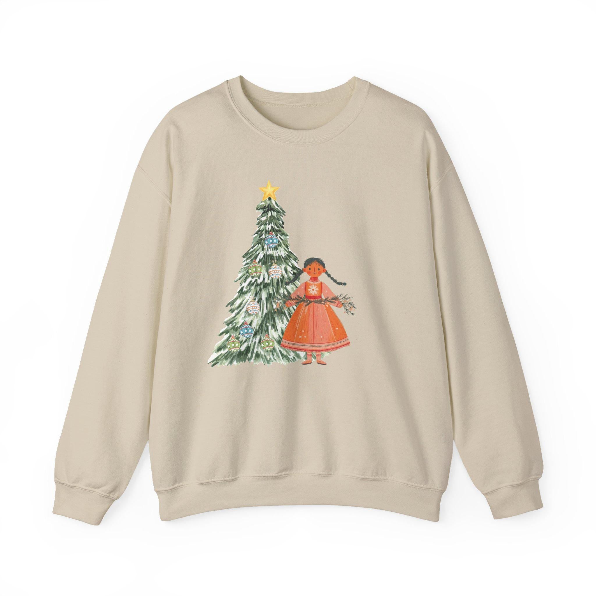 Scandi Christmas Tree Girl Sweater, Whimsical Holiday Pullover, Nordic Christmas Sweatshirt, Scandinavian Winter Aesthetic Jumper, Cozy Xmas