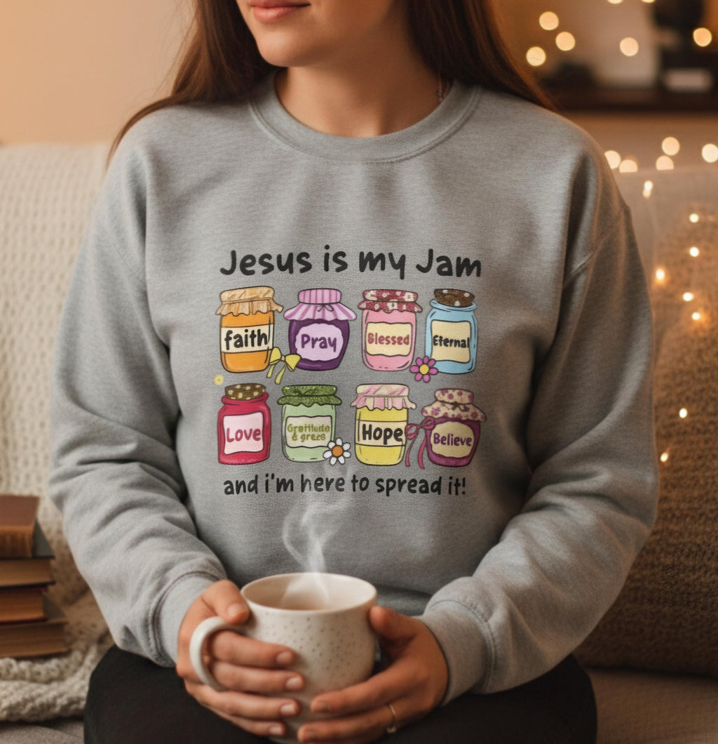 Jesus Is My Jam Sweatshirt – Cute Christian Sweater, Faith-Inspired Crewneck, Religious Gift for Women & Teens