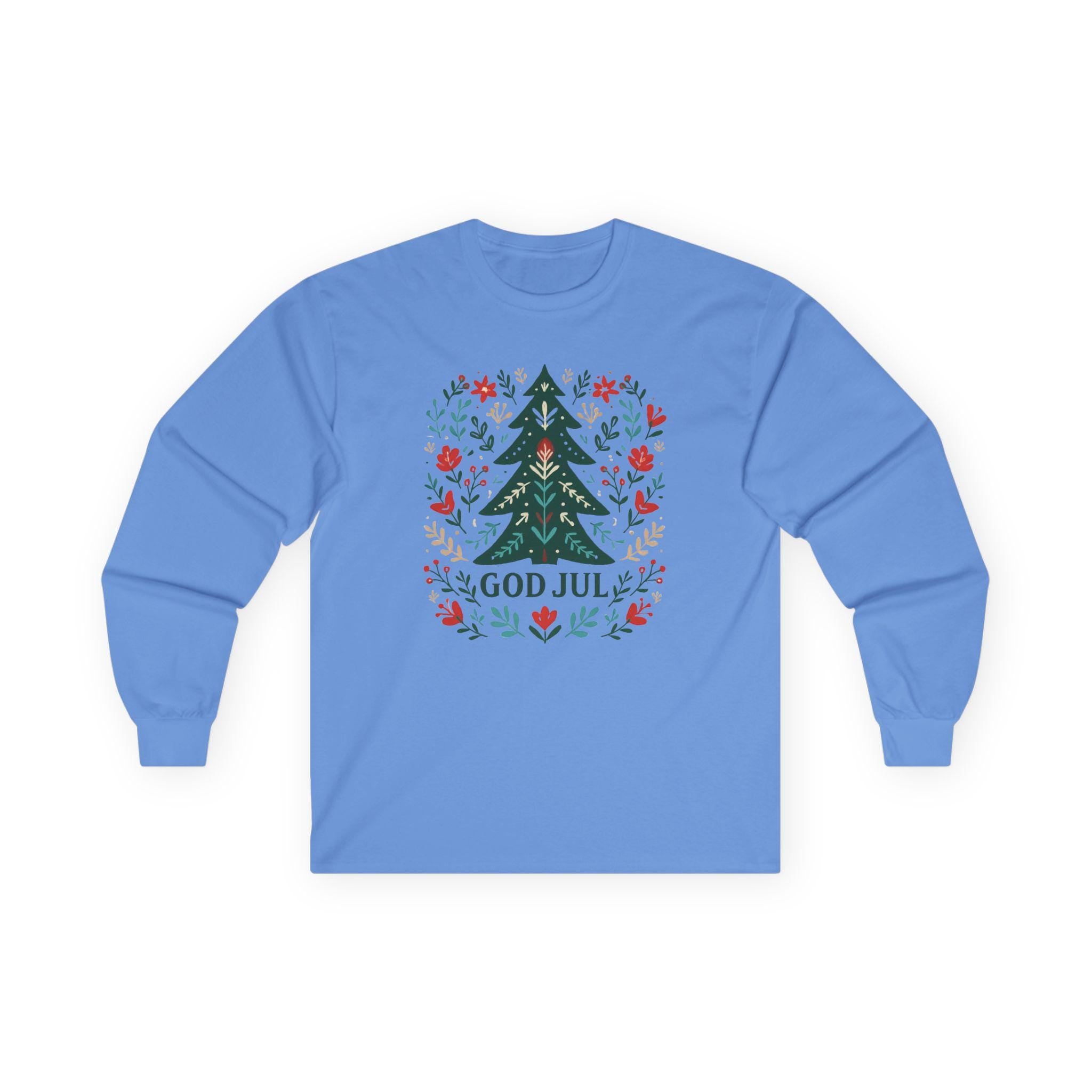 Scandinavian God Jul Shirt – Nordic Folk Art Christmas Tree Long Sleeve Tee, Hygge Holiday Shirt, Danish Christmas Top