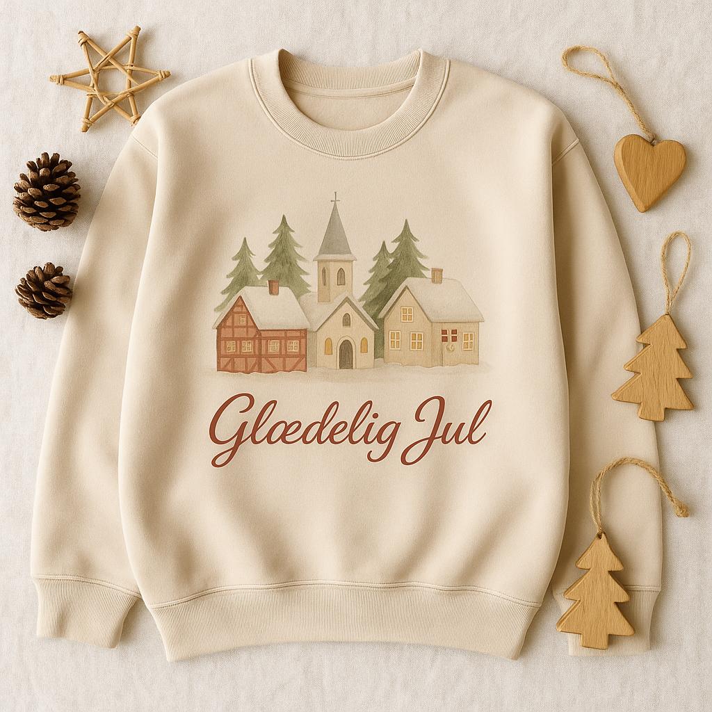 Glædelig Jul Christmas Sweatshirt • Danish Winter Village Scene • Scandinavian Holiday Sweater • Cozy Nordic Christmas Crewneck