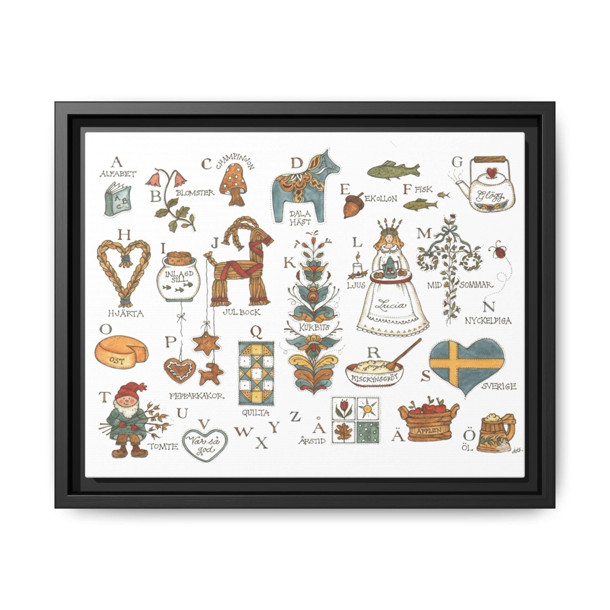 Scandinavian Alphabet Art Print | Swedish Folk Art ABC Poster | Nordic Nursery Wall Art | Dala Horse Alphabet | Framed Canvas Print