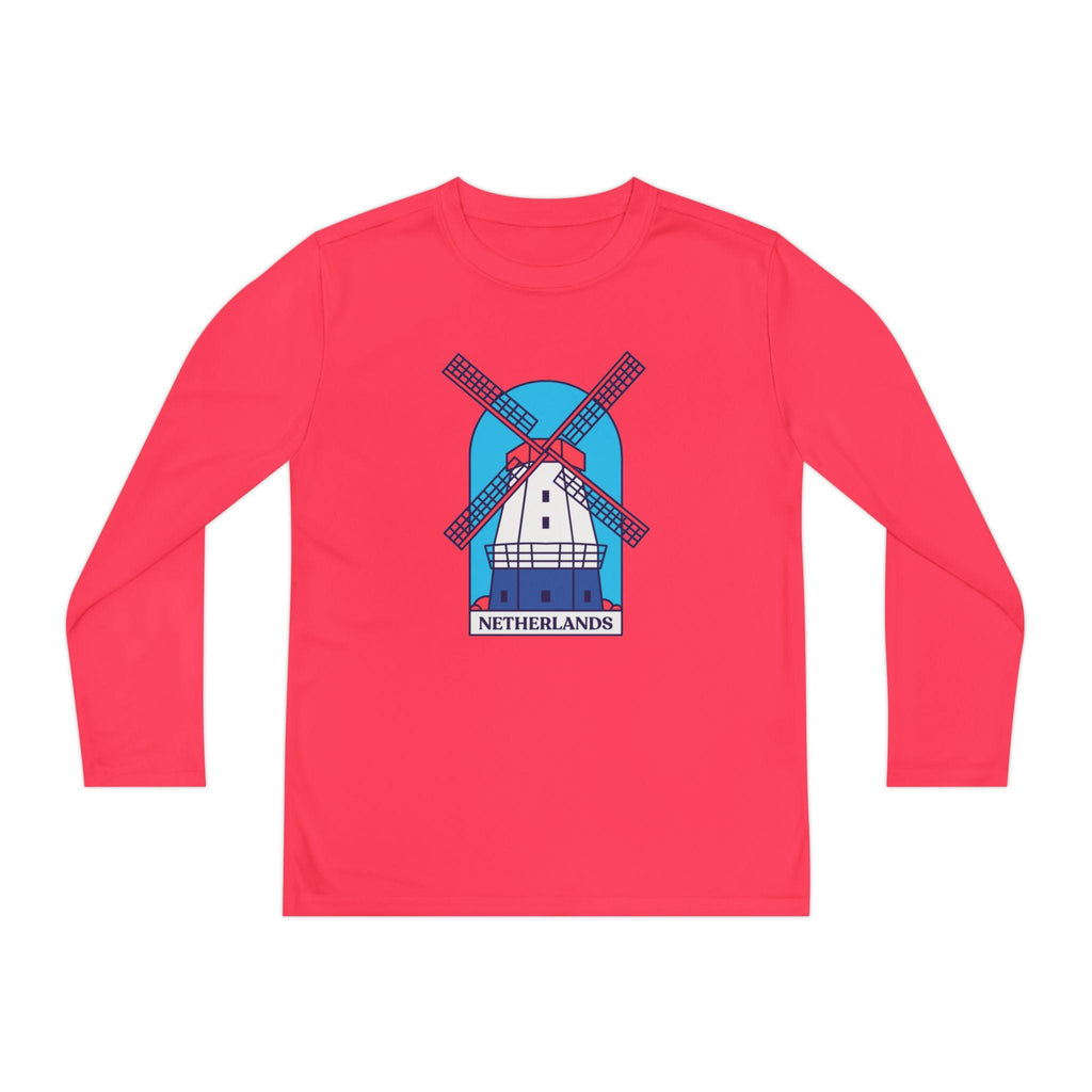 Youth Netherlands Windmill Shirt – Dutch Long Sleeve Tee for Kids, Holland Travel Gift, Cute Windmill Graphic Top