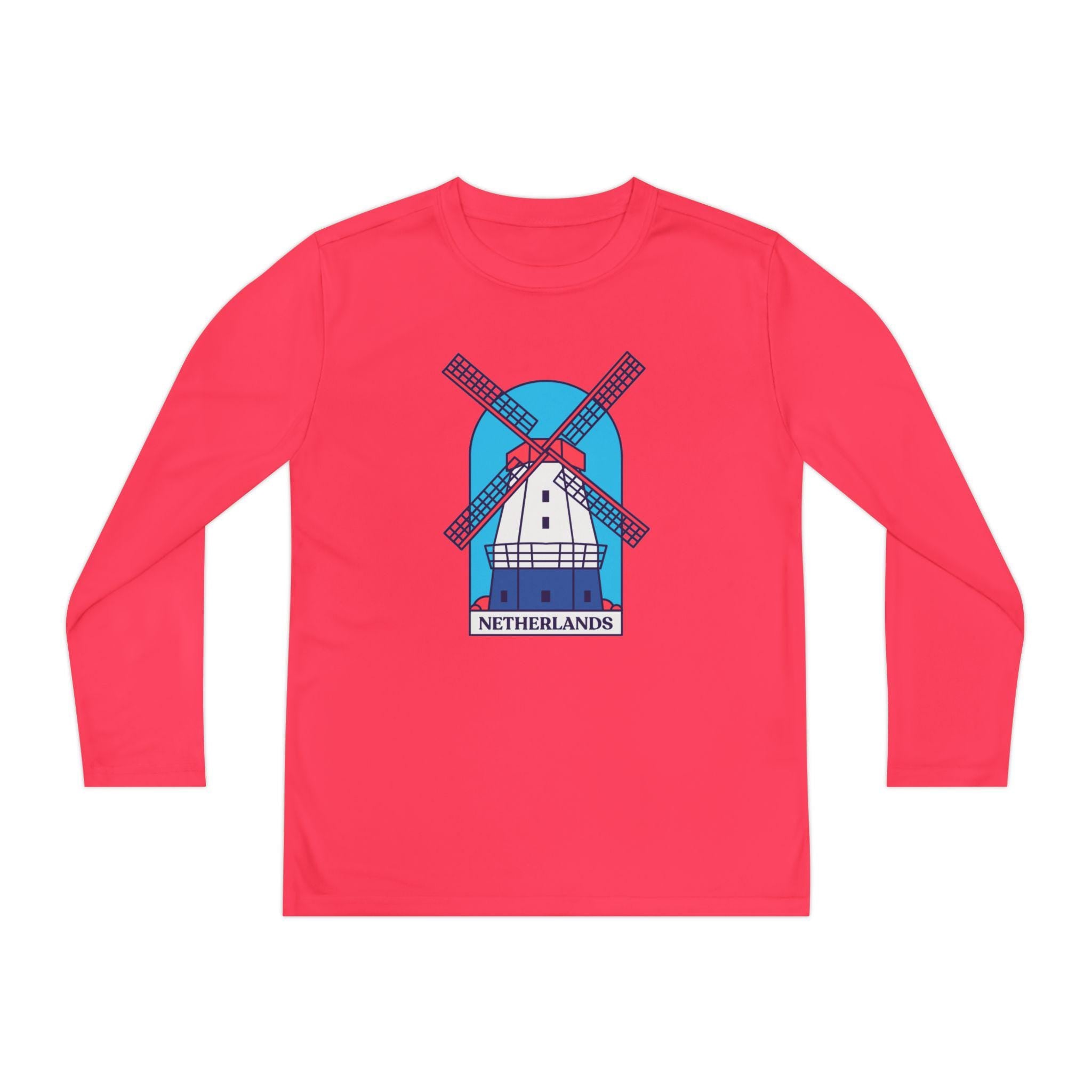 Youth Netherlands Windmill Shirt – Dutch Long Sleeve Tee for Kids, Holland Travel Gift, Cute Windmill Graphic Top