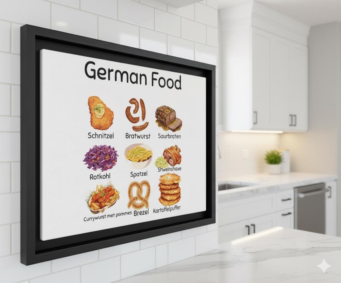 German Food Art Print • Kitchen Wall Decor • European Cuisine Canvas • Cozy Cafe Artwork • Bavaria & German Food Illustration